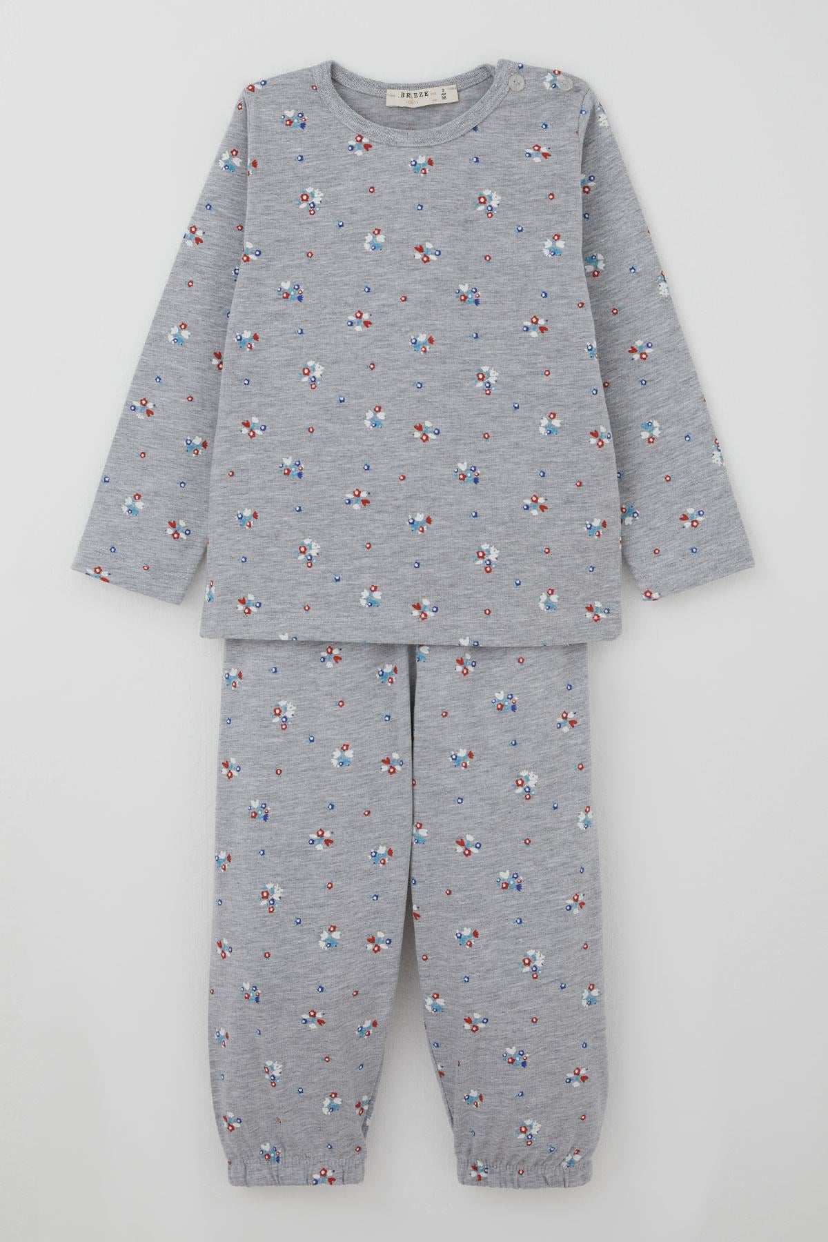 Breeze Kız Bebek Pijama Takımı Renkli Çiçek Desenli Gri Melanj (9 Ay-3 Yaş)
