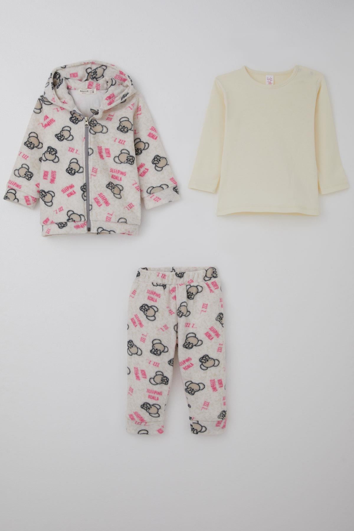 Breeze Kız Bebek Polar 3 lü Bodyli Takım Uykucu Koala Desenli Kapüşonlu Bej Melanj (4 Ay-1 Yaş)
