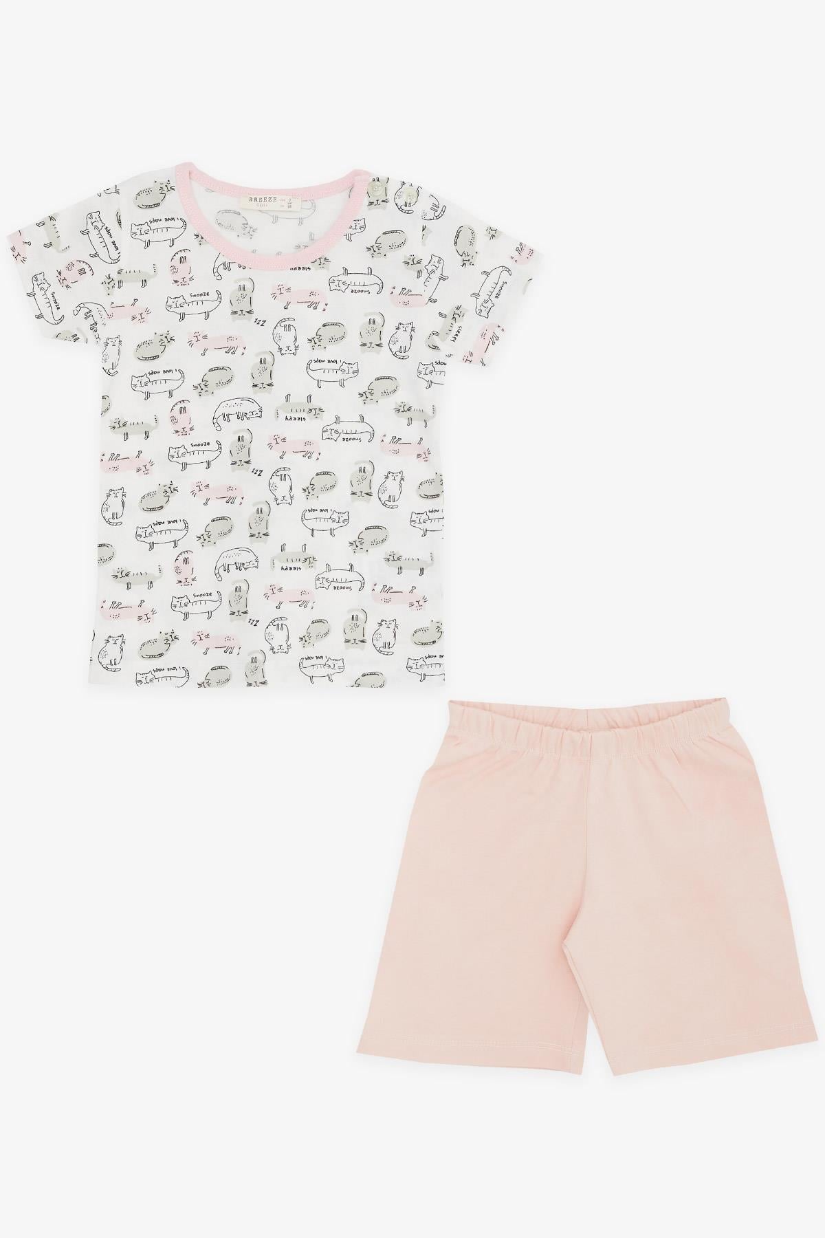 Breeze Kız Bebek Şortlu Pijama Takımı Kedicik Desenli Beyaz (9 Ay-3 Yaş)