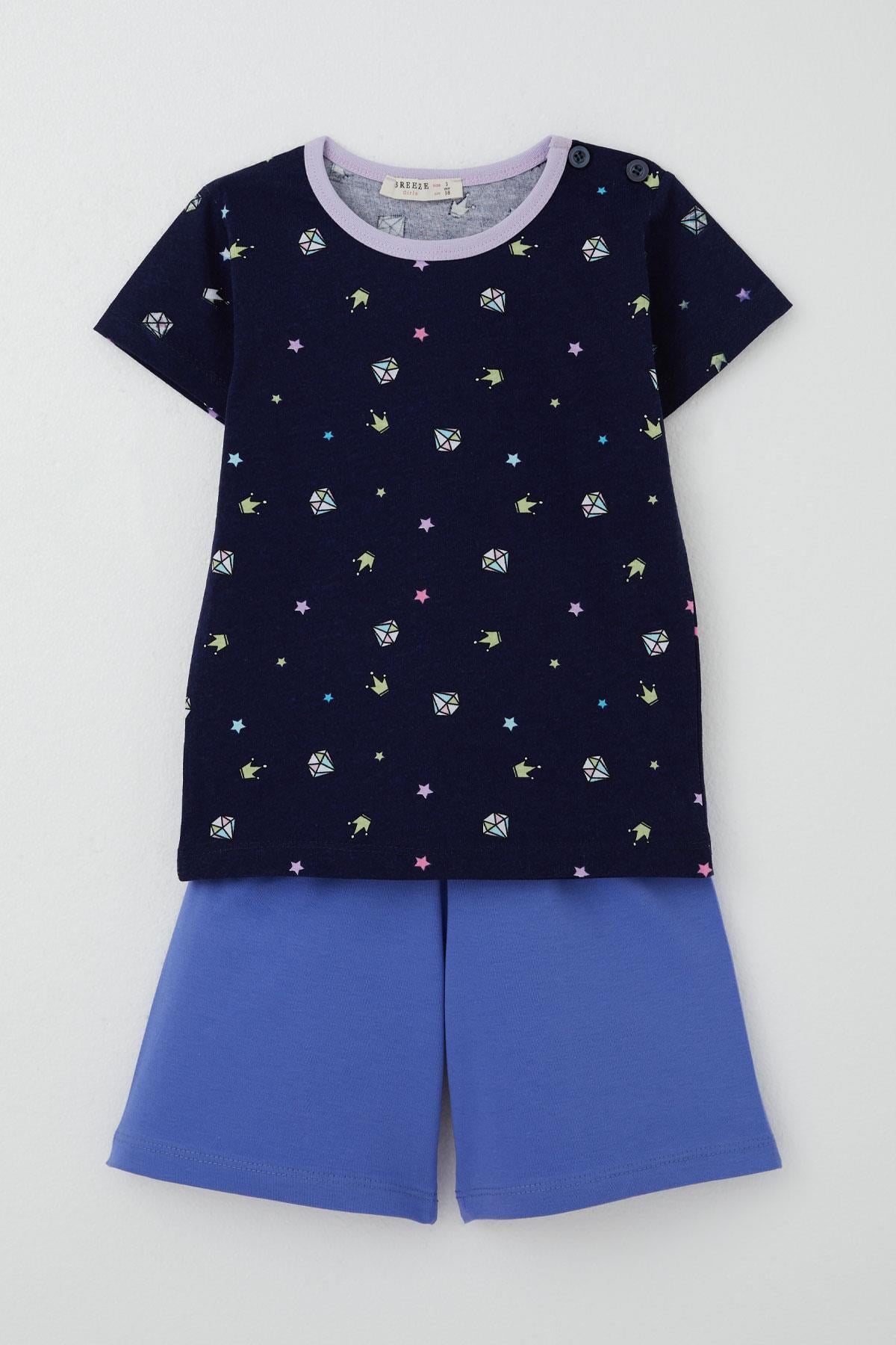 Breeze Kız Bebek Şortlu Pijama Takımı Taç Desenli Lacivert (9 Ay-3 Yaş)