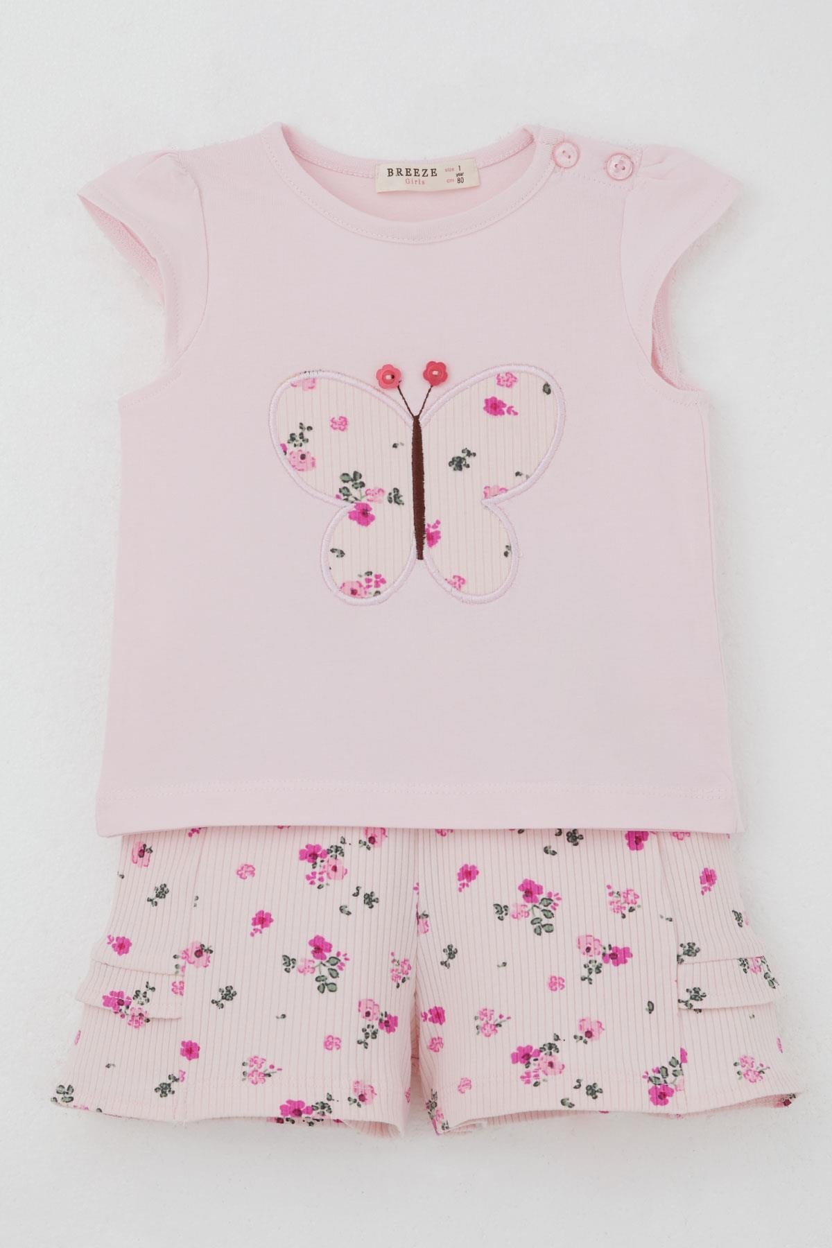 Breeze Kız Bebek Şortlu Takım Çiçek Baskılı Kelebek Nakışlı Düğme Aksesuarlı Pembe (6 Ay-2 Yaş)