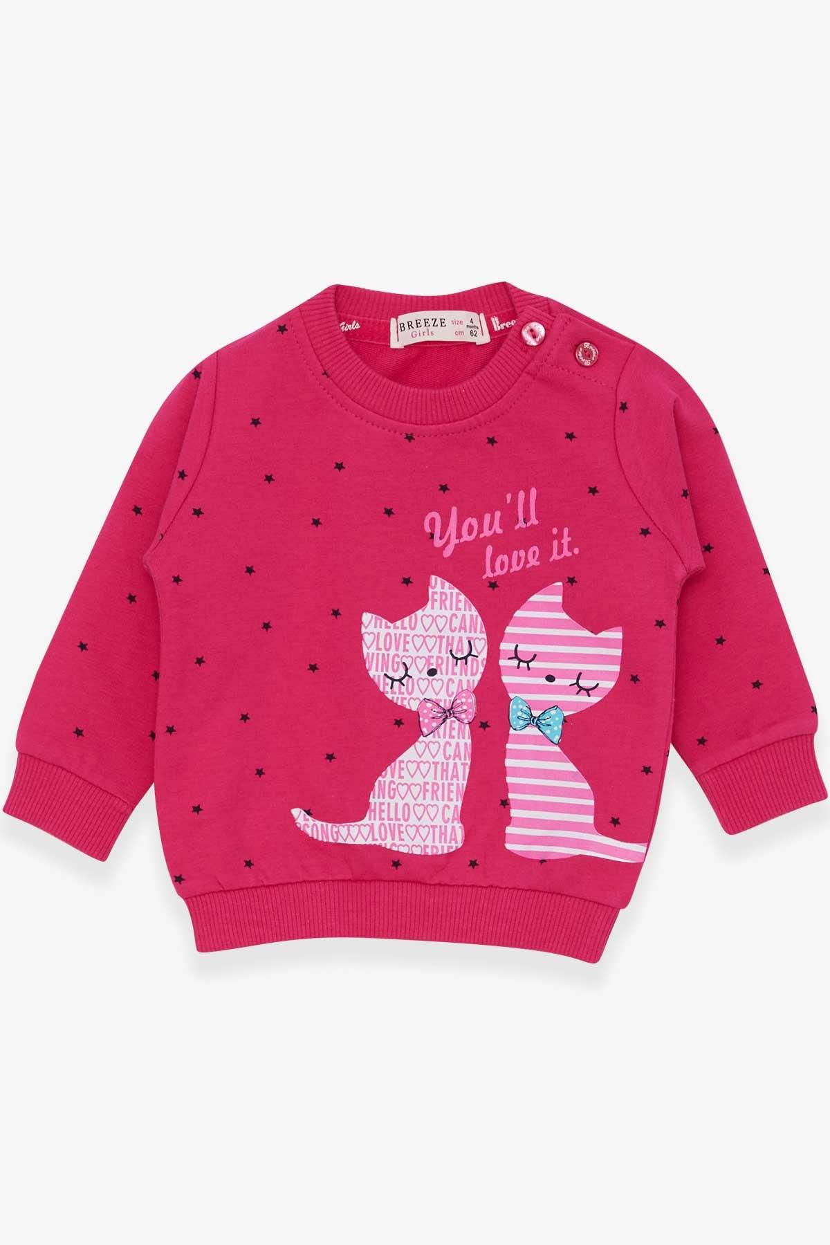 Breeze Kız Bebek Sweatshirt Mutlu Kedicikler Fuşya (4 Ay-1.5 Yaş)