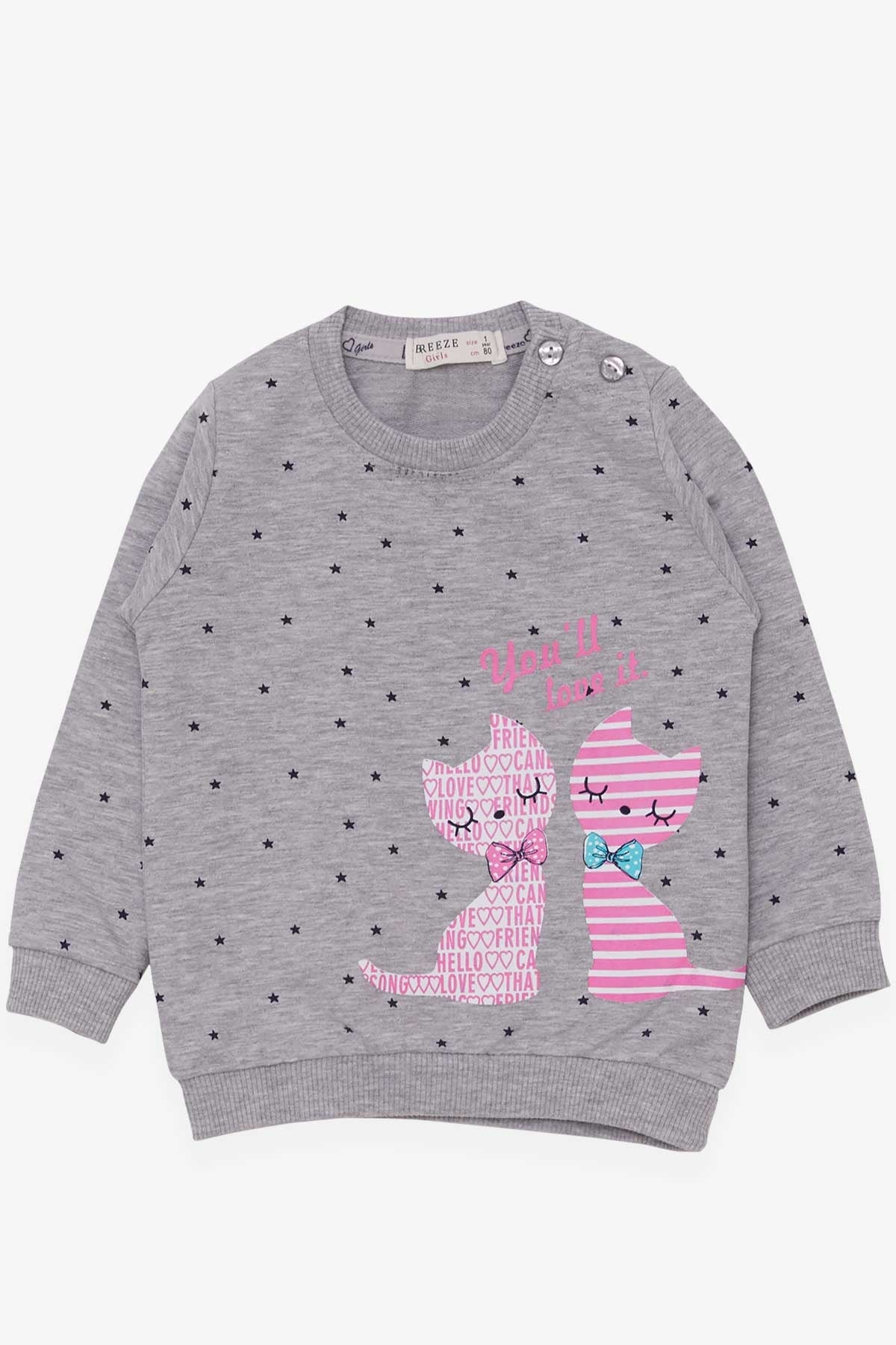 Breeze Kız Bebek Sweatshirt Mutlu Kedicikler Gri Melanj (4 Ay-1.5 Yaş)