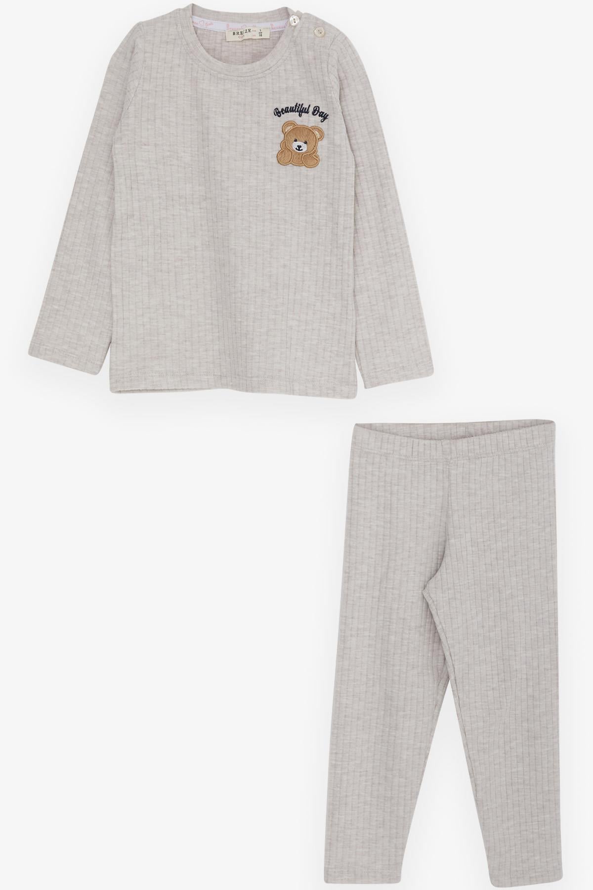 Breeze Kız Bebek Taytlı Takım Bebek Ayıcık Nakışlı Bej Melanj (9 Ay-3 Yaş)