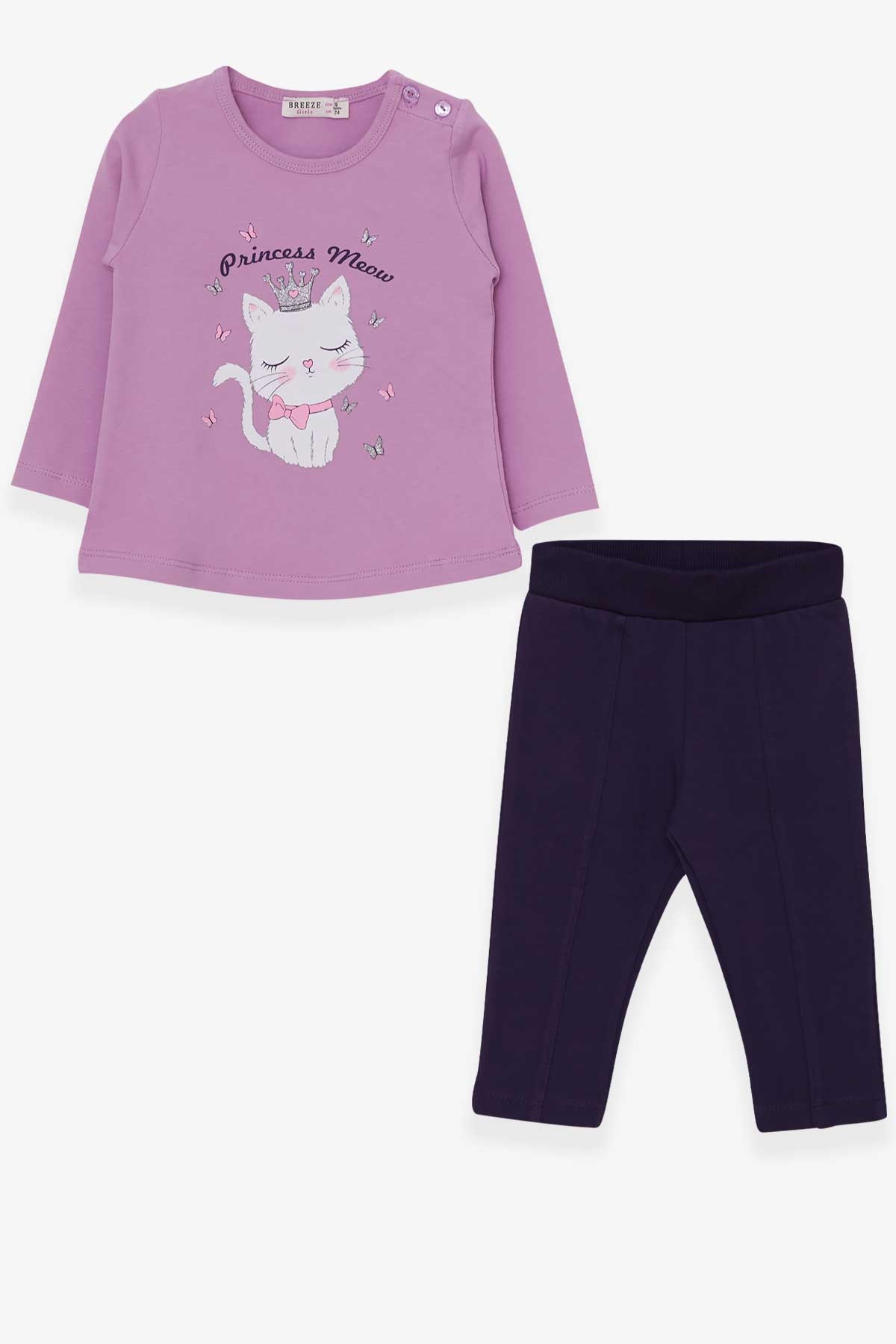 Breeze Kız Bebek Taytlı Takım Kedicik Baskılı Eflatun (9 Ay-3 Yaş)