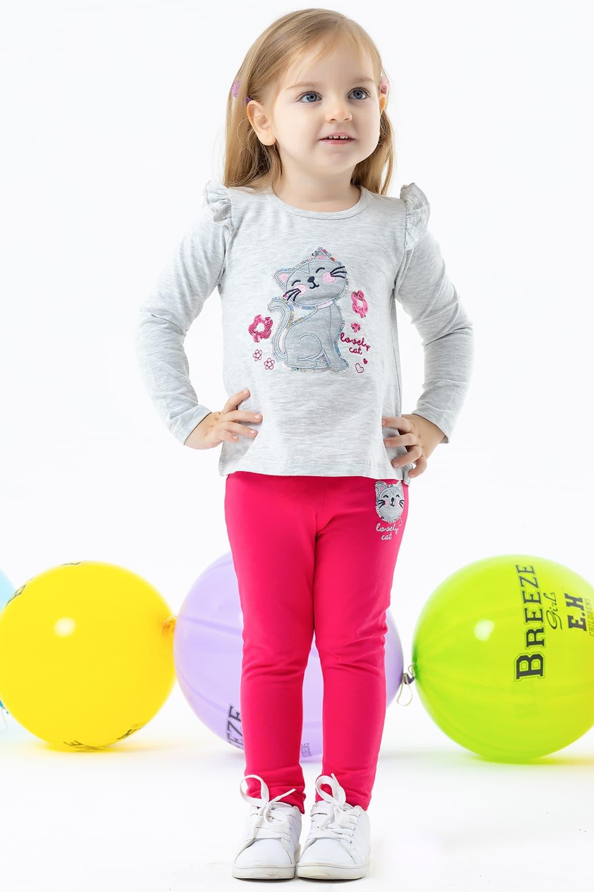 Breeze Kız Bebek Taytlı Takım Pullu Kedicik Baskılı Açık Gri Melanj (9 Ay-2 Yaş)