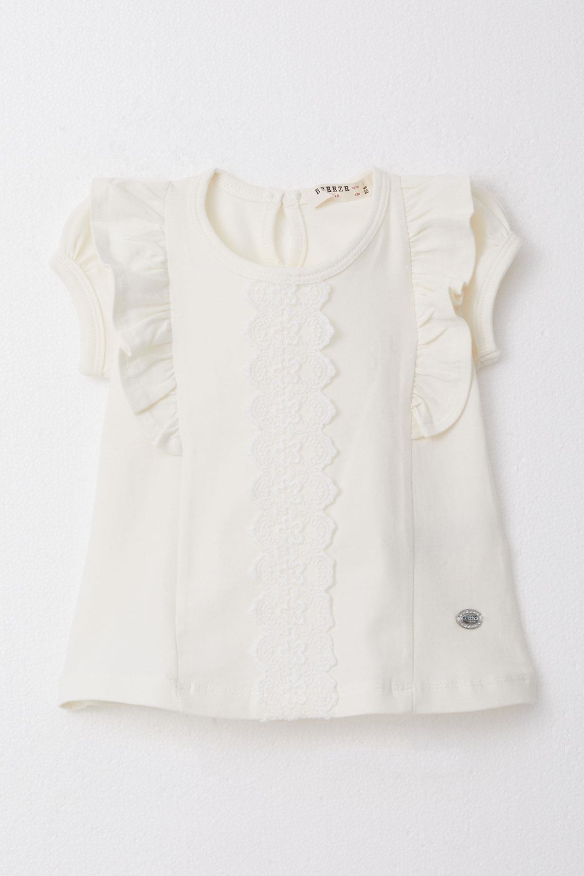 Breeze Kız Bebek Tişört Fırfırlı Nakışlı Güpürlü Krem (6 Ay-2 Yaş)