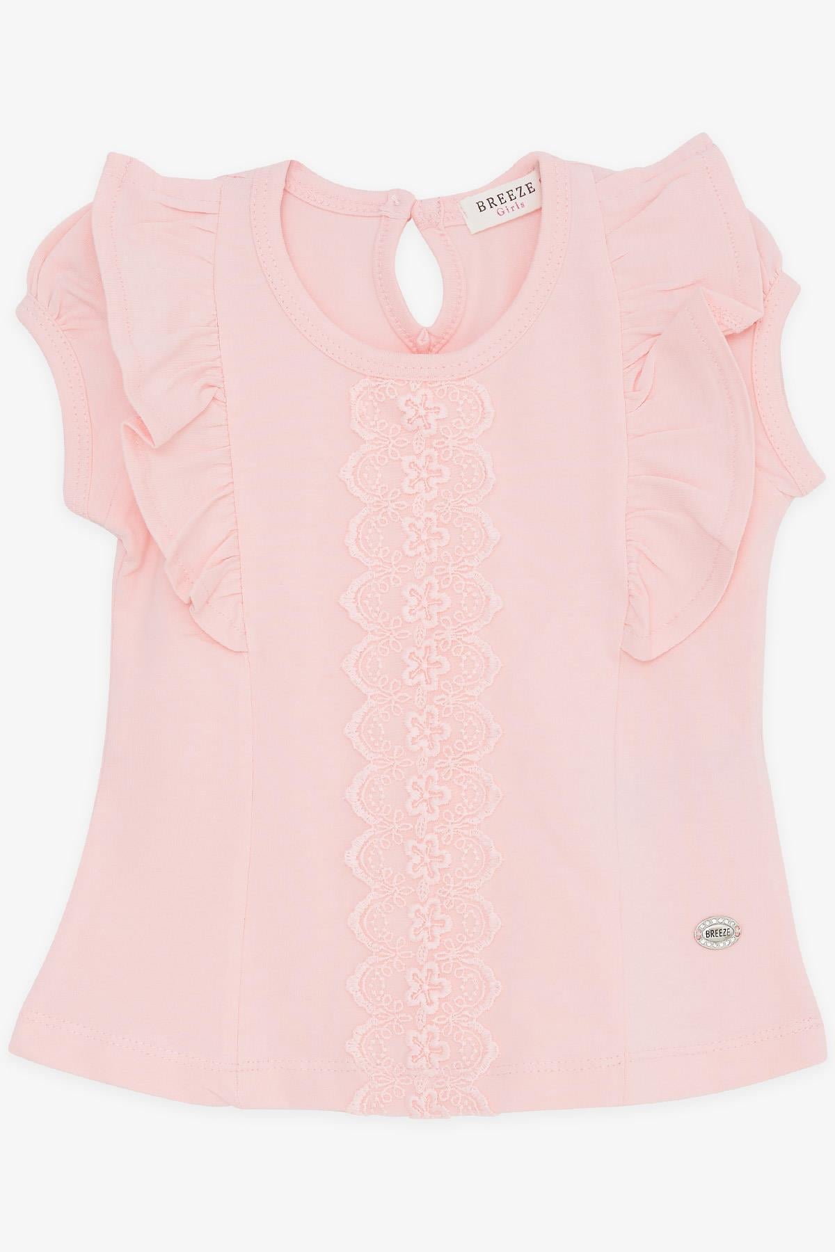 Breeze Kız Bebek Tişört Fırfırlı Nakışlı Güpürlü Pembe (6 Ay-2 Yaş)