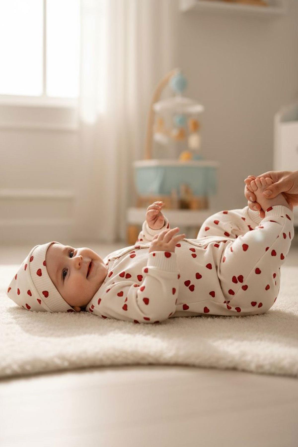 Breeze Kız Bebek Tulum Sevgi Temalı Kalp Desenli Krem (0-6 Ay)