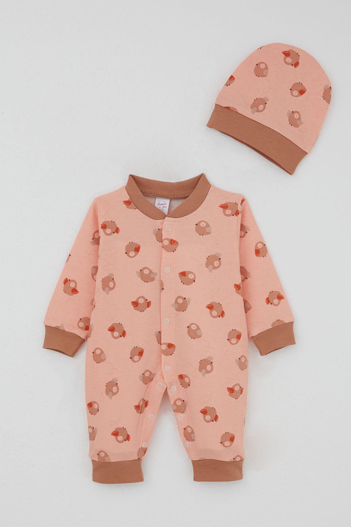 Breeze Kız Bebek Tulum Sevimli Kuşlar Desenli Somon (0-6 Ay)