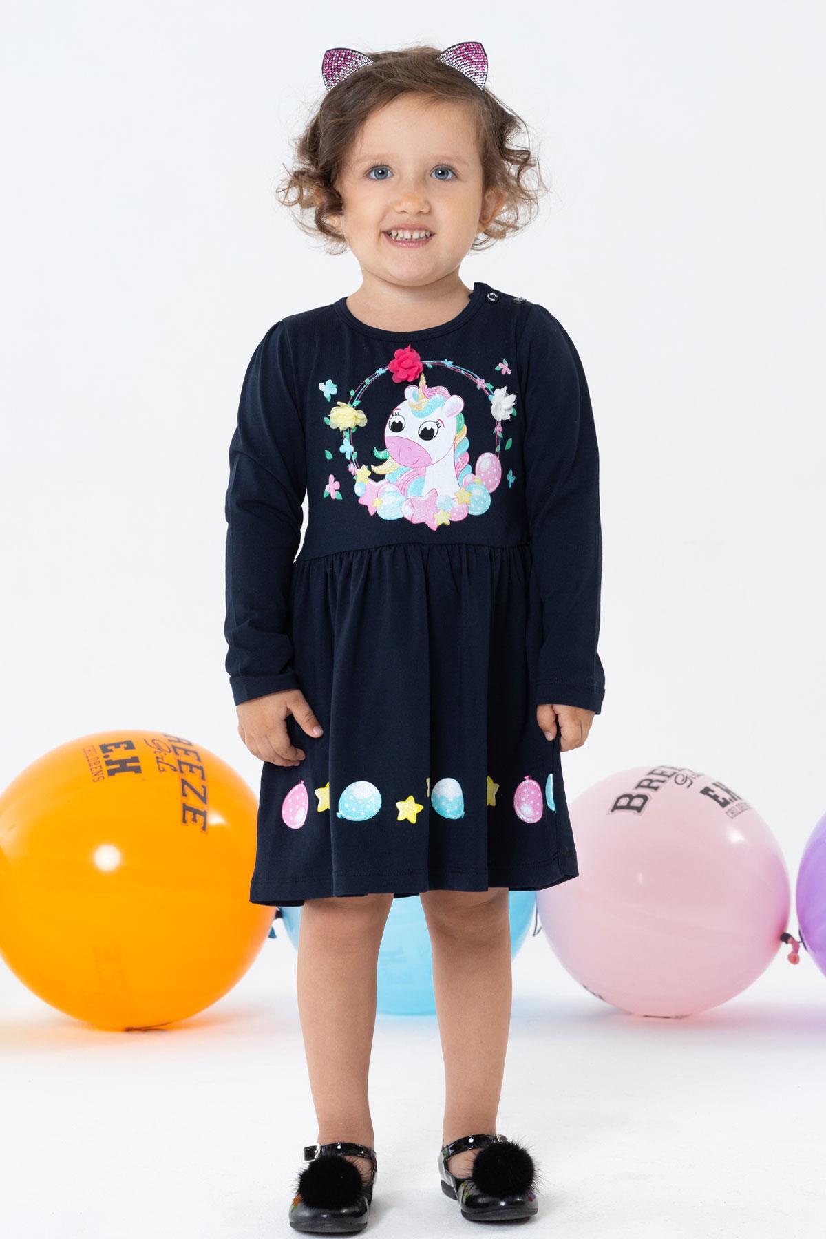 Breeze Kız Bebek Uzun Kollu Elbise Unicorn Baskılı Lacivert (1.5 Yaş)