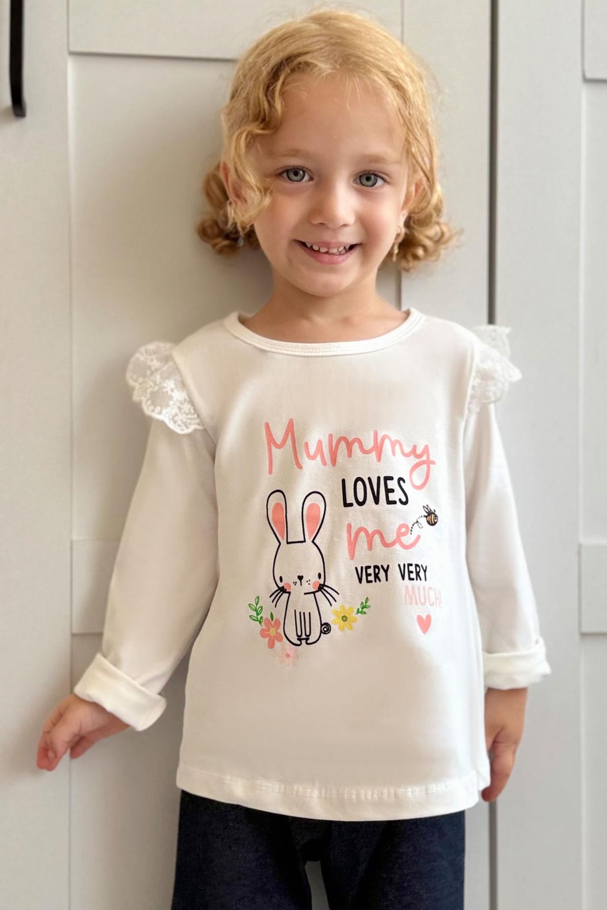 Breeze Kız Bebek Uzun Kollu Tişört Anne Sevgisi Temalı Tavşancık Baskılı Güpürlü Ekru (9 Ay-2 Yaş)