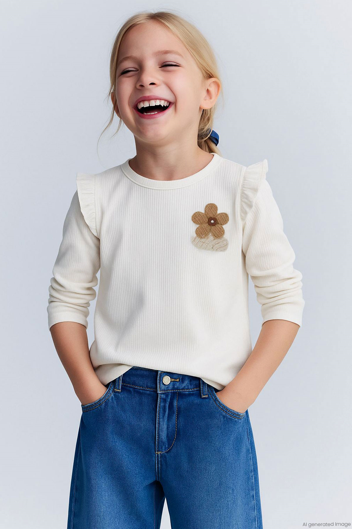 Breeze Kız Bebek Uzun Kollu Tişört Çiçek Aksesuarlı Ekru (2 Yaş)