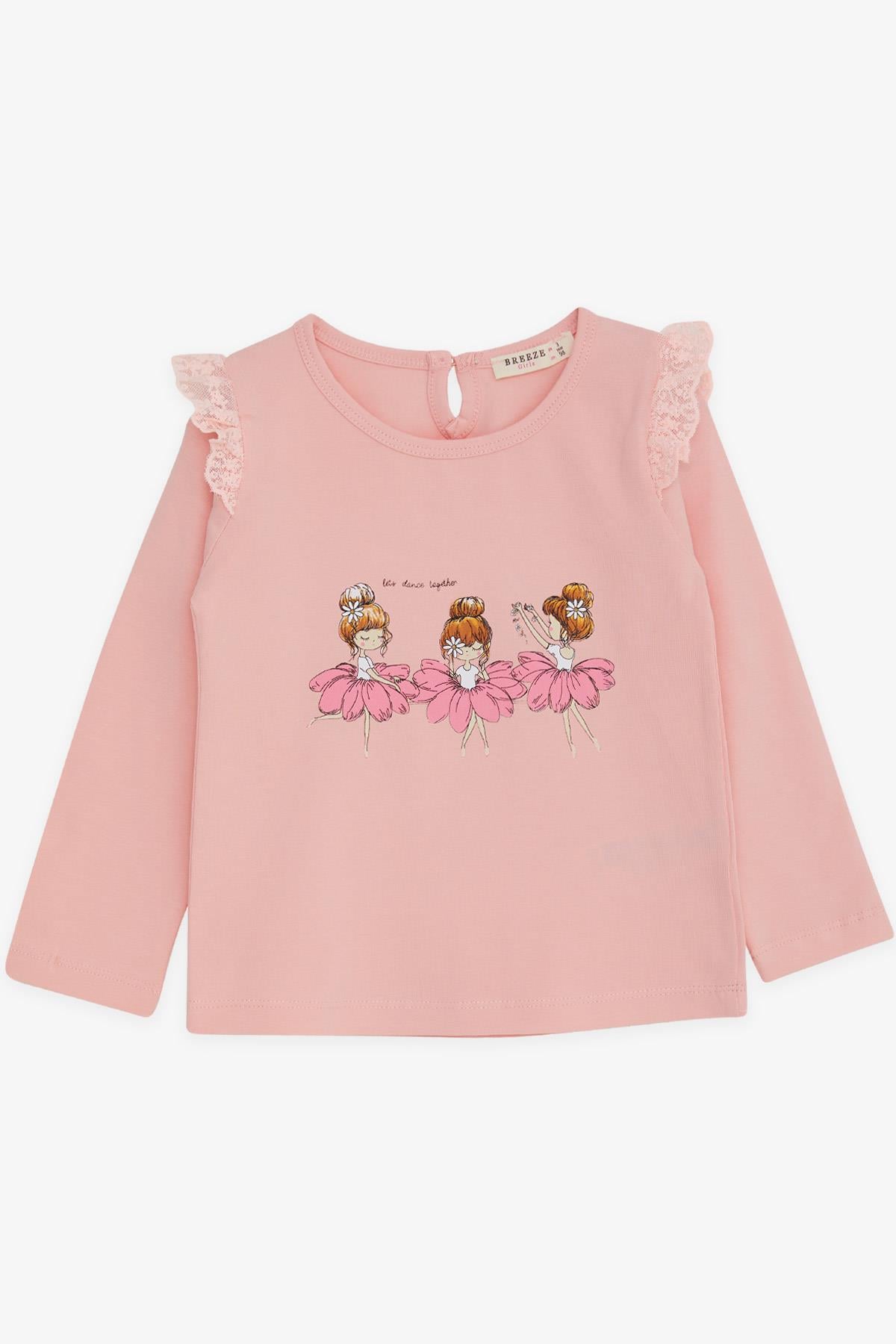 Breeze Kız Bebek Uzun Kollu Tişört Danscı Kız Baskılı Güpürlü Pudra (1.5 Yaş)