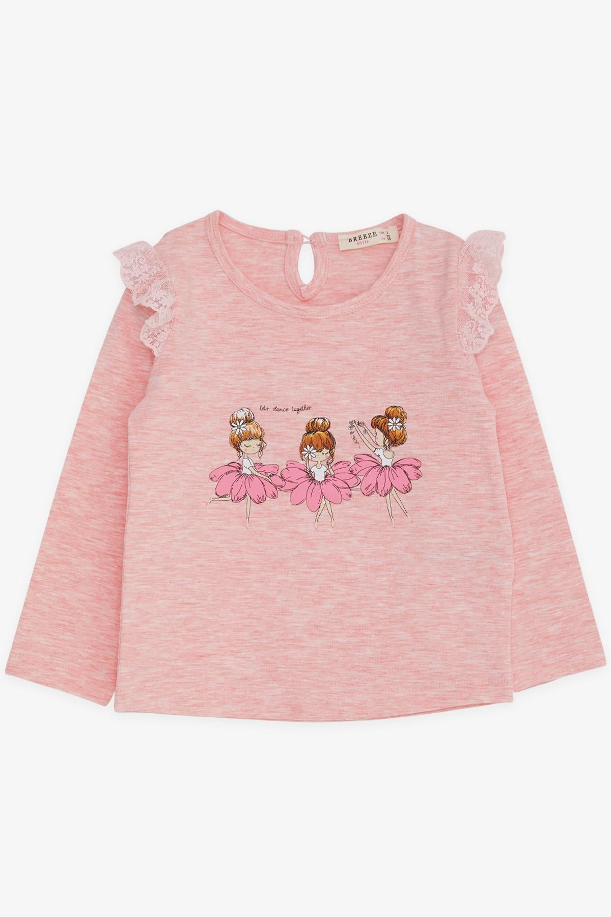 Breeze Kız Bebek Uzun Kollu Tişört Danscı Kız Baskılı Güpürlü Somon Melanj (9 Ay-3 Yaş)