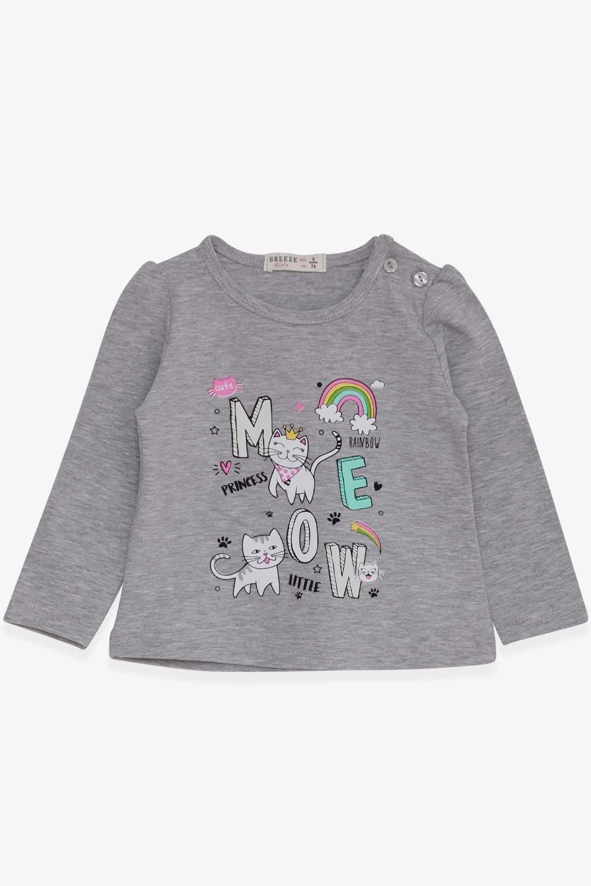 Breeze Kız Bebek Uzun Kollu Tişört Kedicik Baskılı Gri Melanj (9 Ay-3 Yaş)