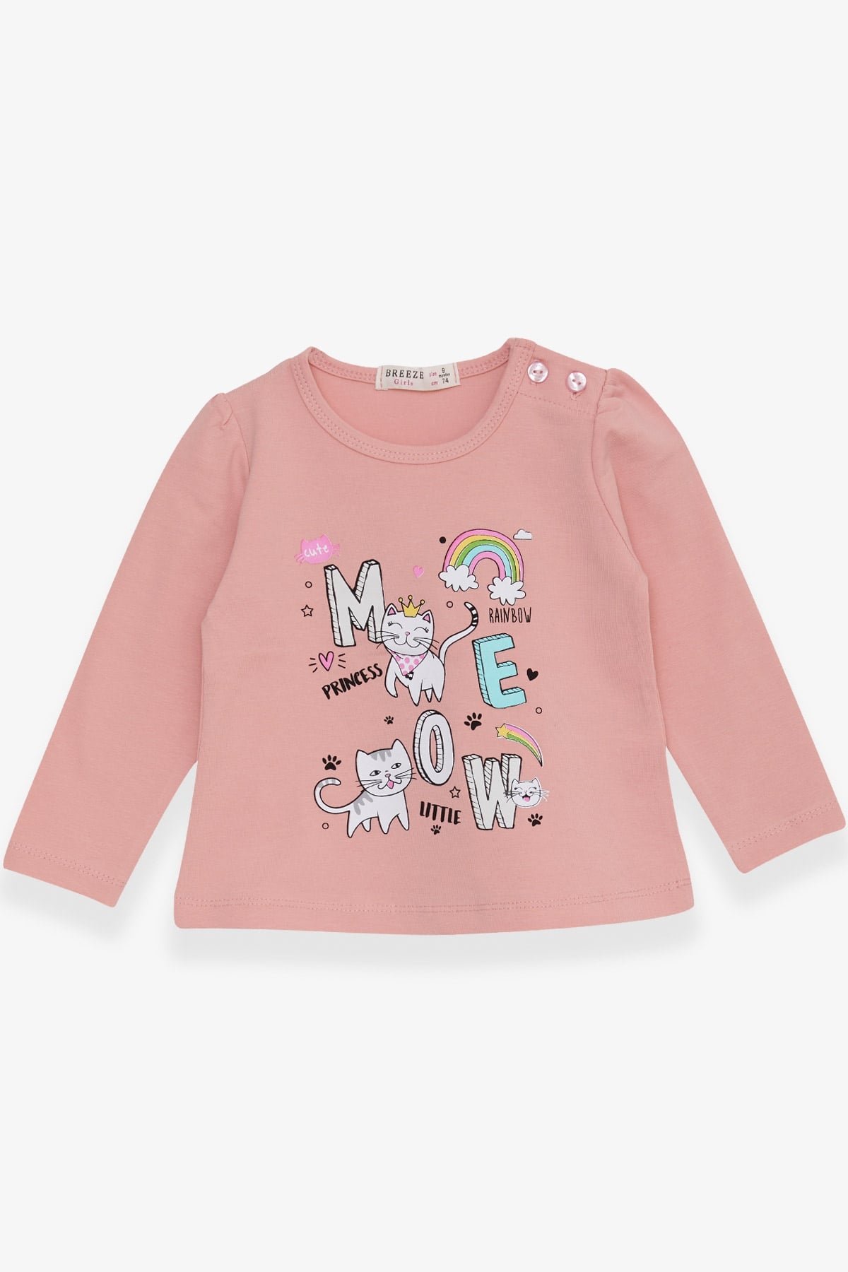 Breeze Kız Bebek Uzun Kollu Tişört Kedicik Baskılı Somon (9 Ay-3 Yaş)