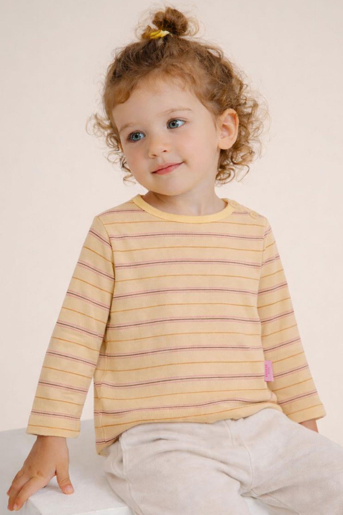 Breeze Kız Bebek Uzun Kollu Tişört Patlı Renkli Çizgili Krem (9 Ay-3 Yaş)