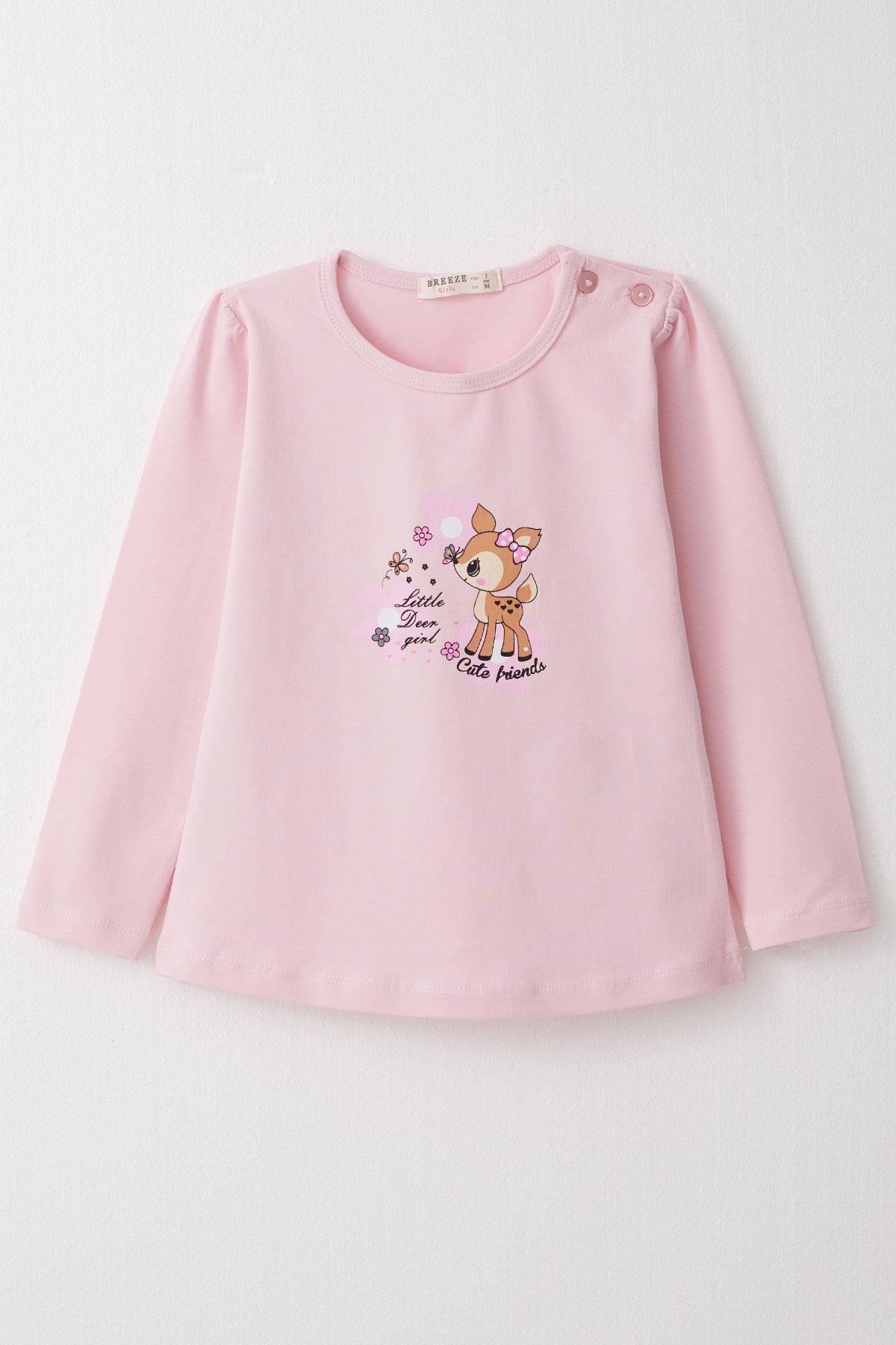 Breeze Kız Bebek Uzun Kollu Tişört Sevimli Ceylancık Baskılı Pembe (9 Ay-3 Yaş)