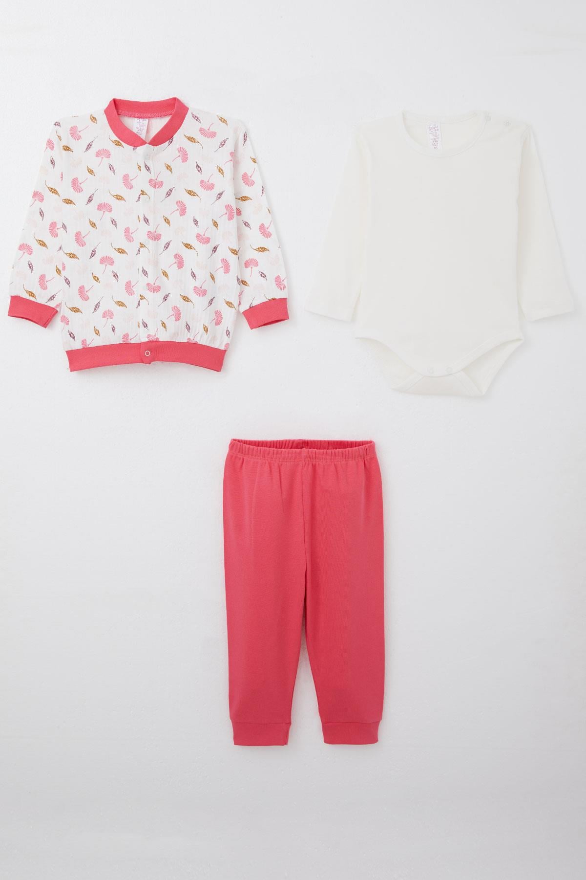 Breeze Kız Bebek Zıbınlı 3 lü Takım Çiçek Desenli Beyaz (4 Ay-1 Yaş)