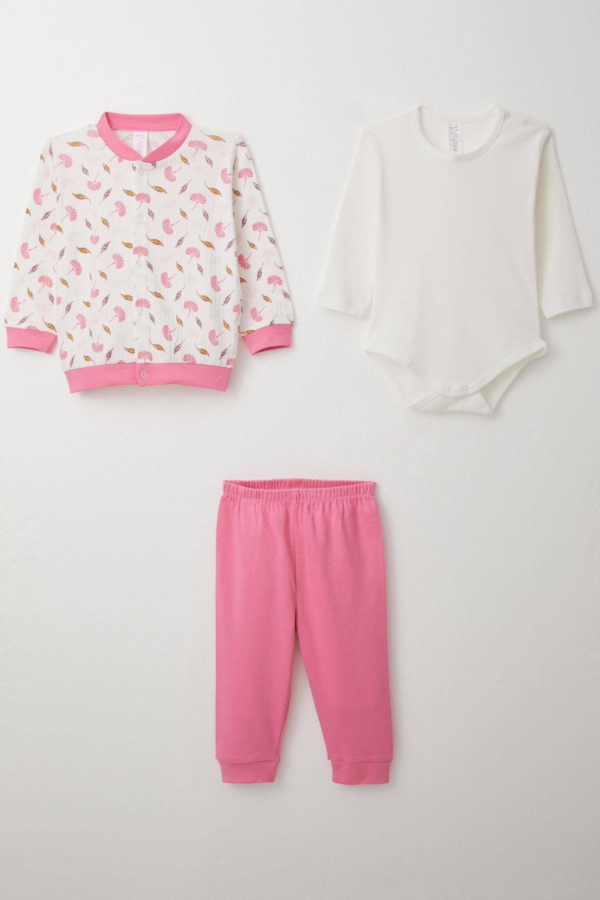 Breeze Kız Bebek Zıbınlı 3 lü Takım Çiçek Desenli Beyaz (4 Ay-1 Yaş)