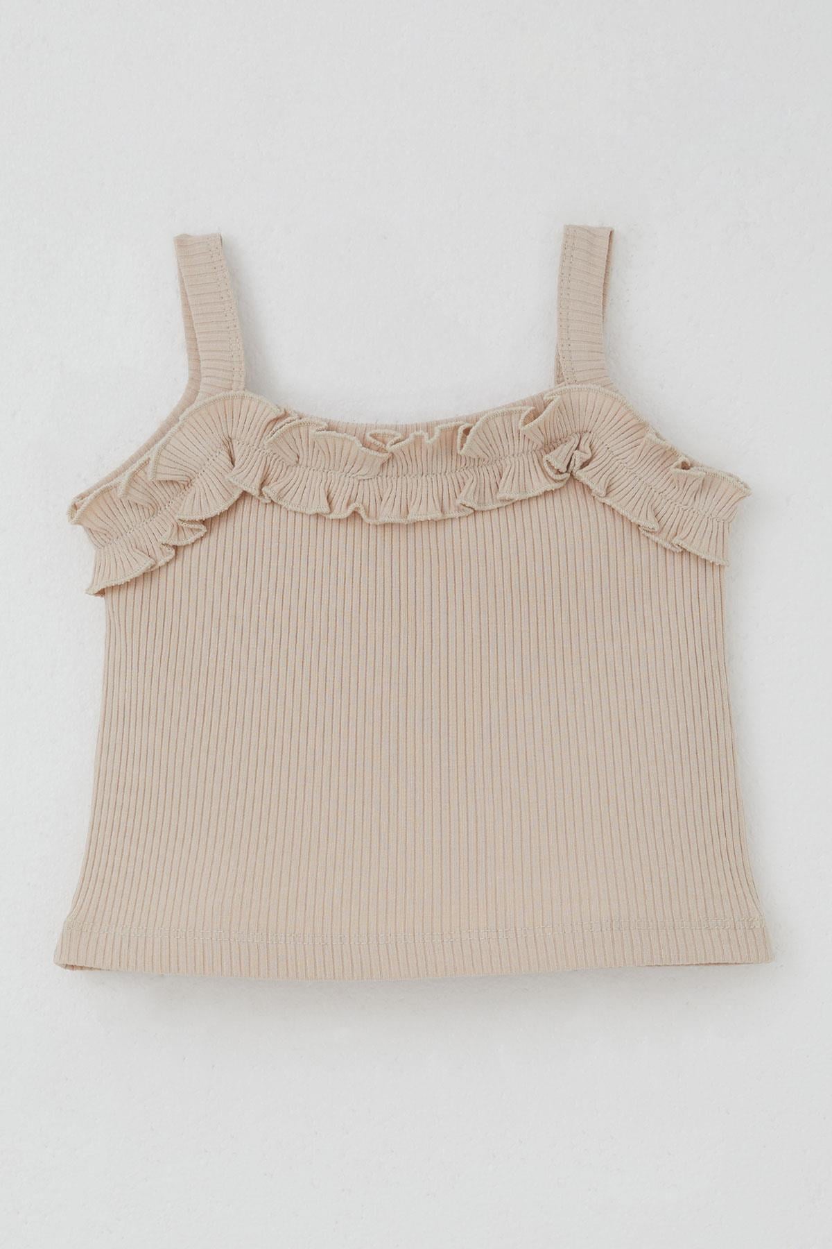 Breeze Kız Çocuk Askılı Crop Tişört Fırfır Detaylı Bej (8-14 Yaş)