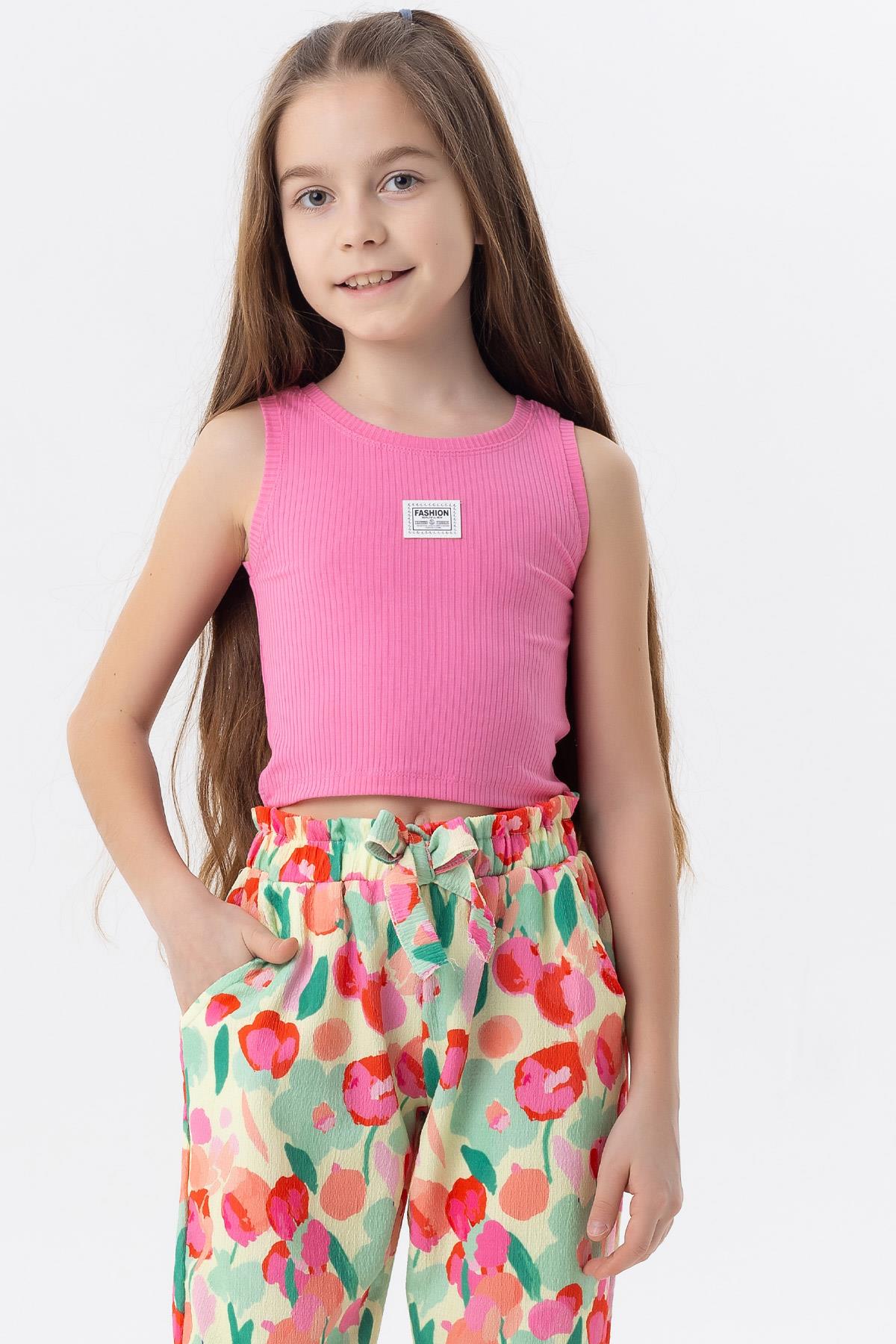 Breeze Kız Çocuk Askılı Tişört Armalı Taşlı Fuşya (9-14 Yaş)