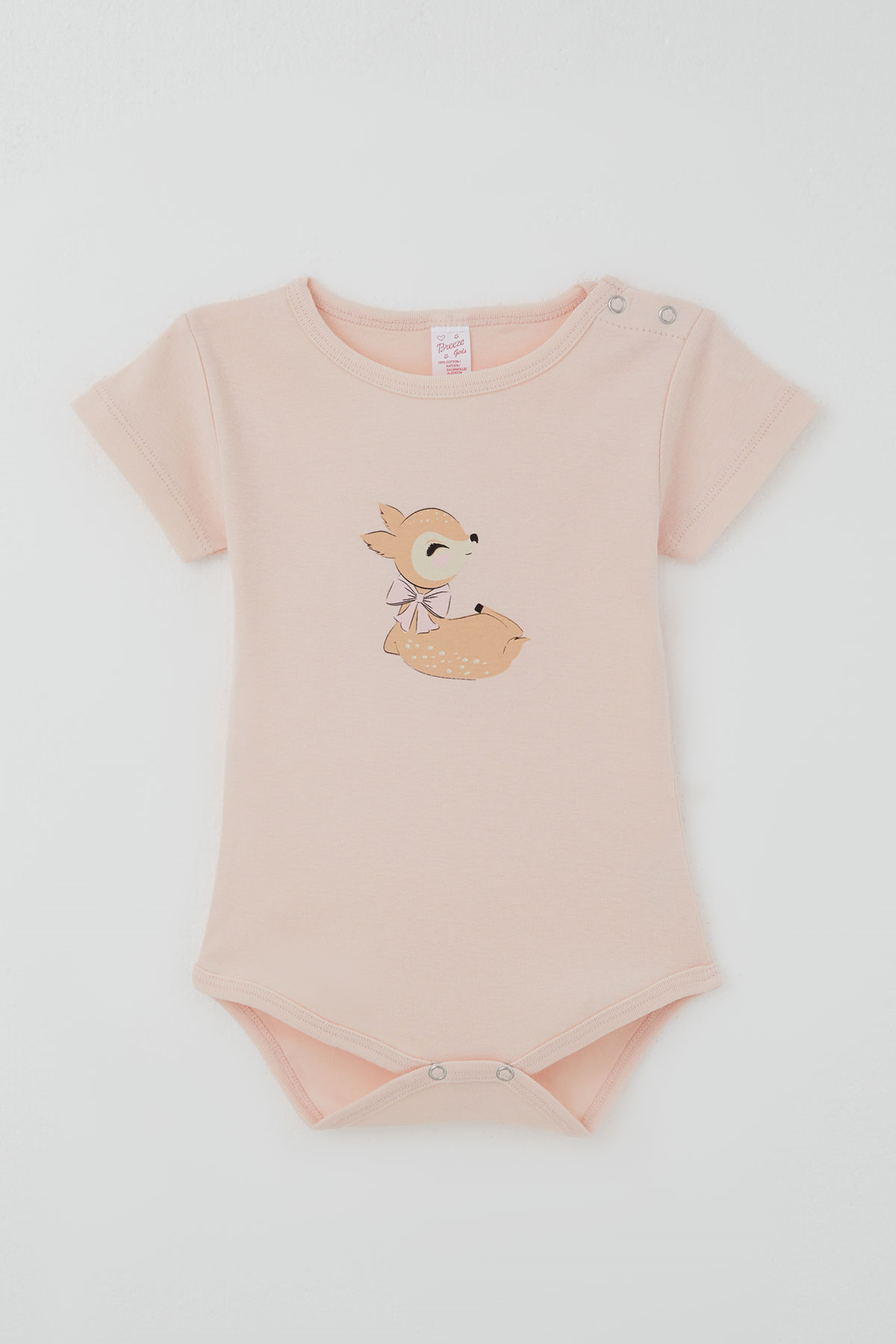 Breeze Kız Çocuk Çıtçıtlı Kısa Kollu Zıbın Body Sevimli Ceylan Baskılı Pudra (1-3 Yaş)