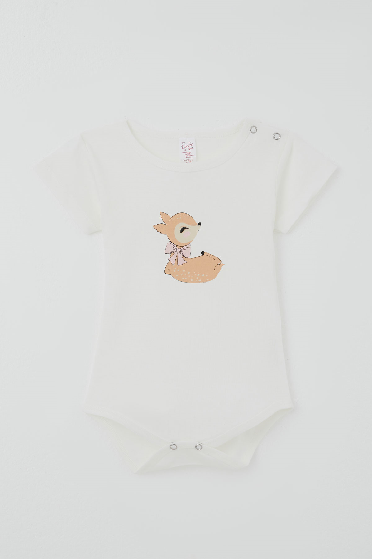 Breeze Kız Çocuk Çıtçıtlı Kısa Kollu Zıbın Body Sevimli Ceylan Baskılı Ekru (1-3 Yaş)