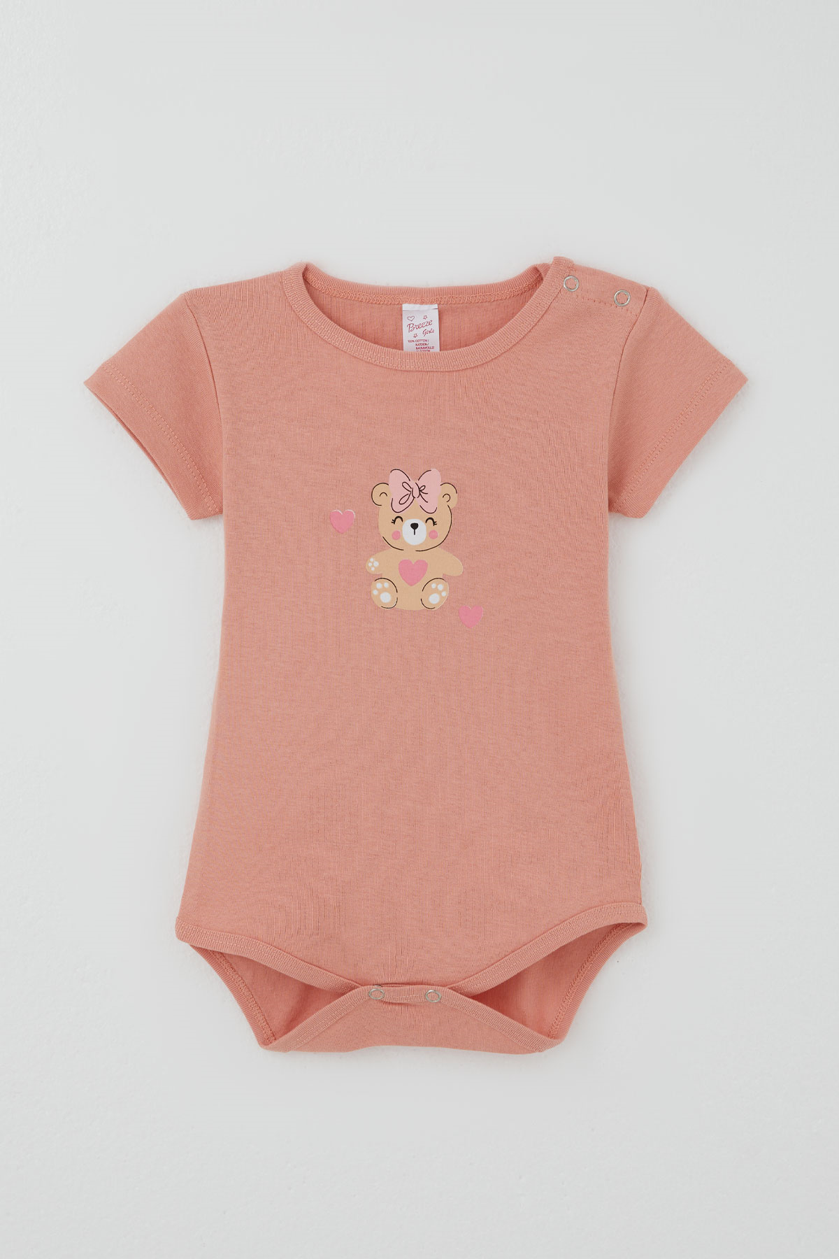Breeze Kız Çocuk Çıtçıtlı Kısa Kollu Zıbın Body Sevimli Bebek Ayıcık Baskılı Gülkurusu (1-3 Yaş)