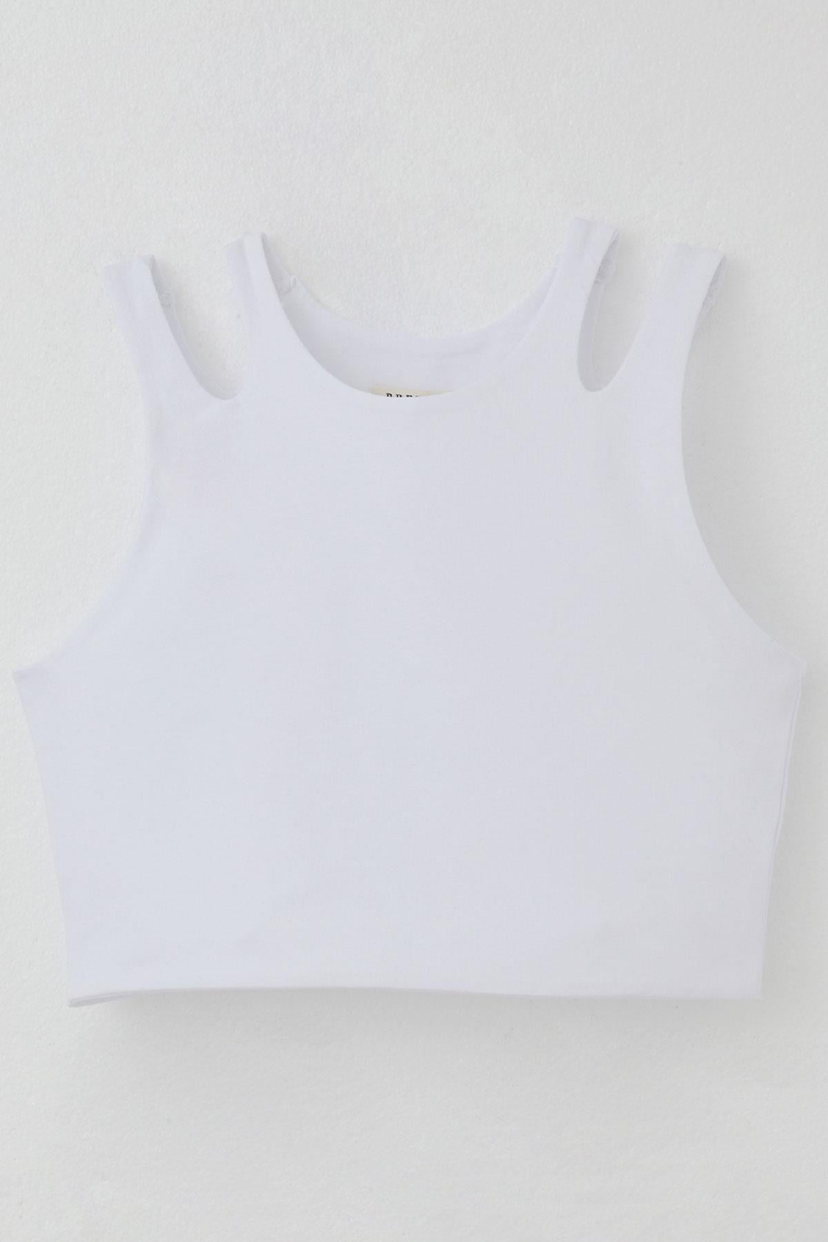 Breeze Kız Çocuk Crop Tişört Çift Askı Omuz Detaylı Beyaz (10-16 Yaş)