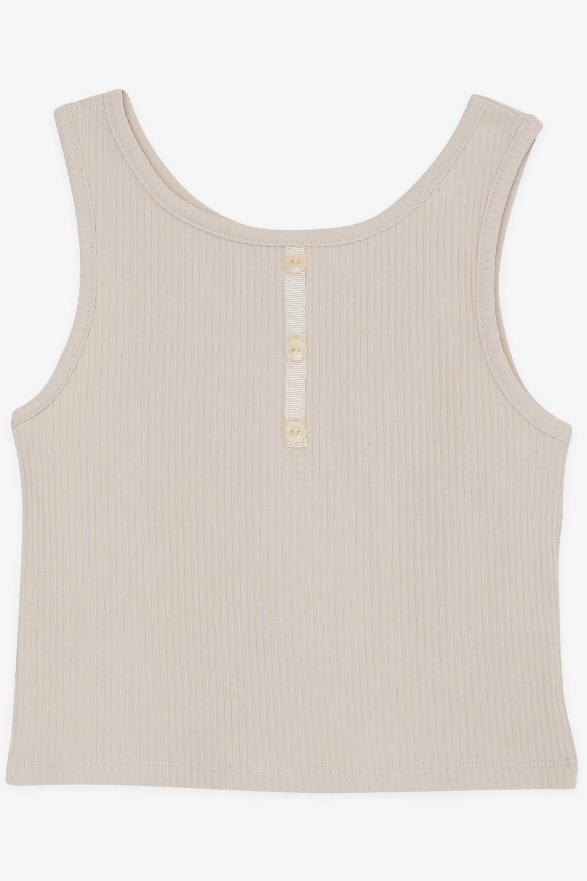 Breeze Kız Çocuk Crop Tişört Düğme Aksesuarlı Bej (9-14 Yaş)