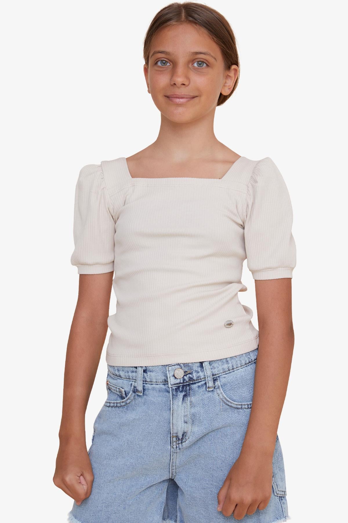 Breeze Kız Çocuk Crop Tişört Kare Yaka Bej (8-14 Yaş)