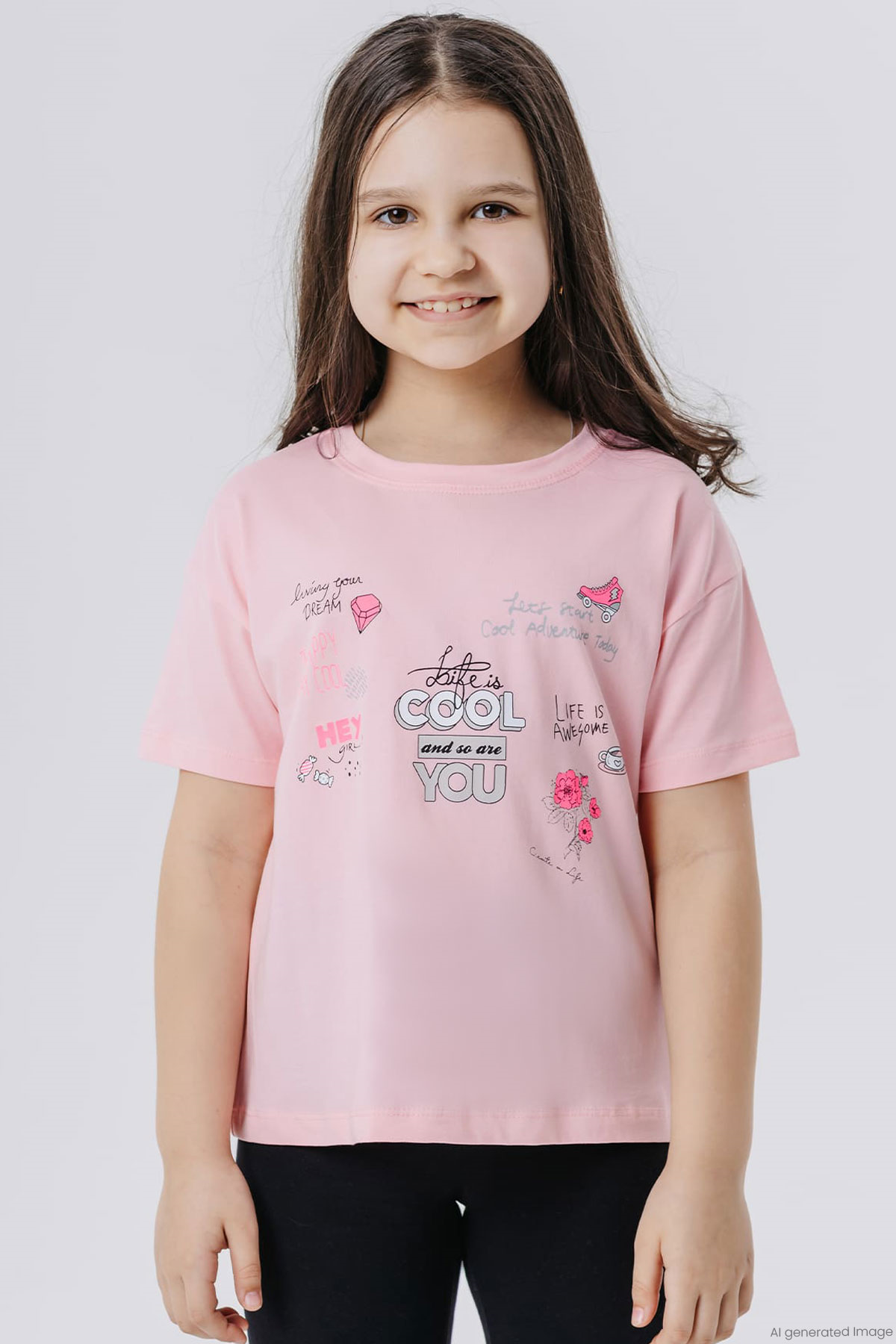 Breeze Kız Çocuk Crop Tişört Mutluluk Temalı Pudra (8-14 Yaş)