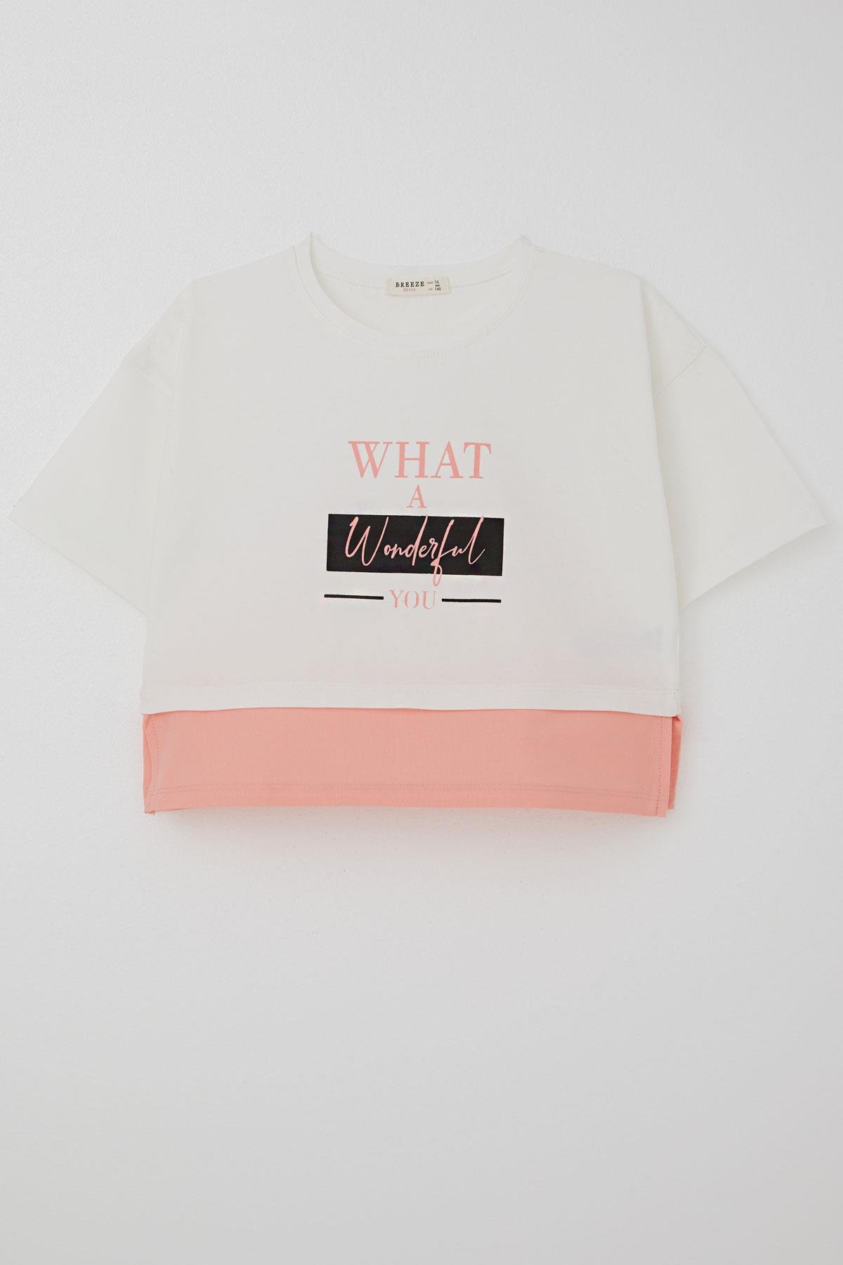 Breeze Kız Çocuk Crop Tişört Yanları Yırtmaçlı Yazı Baskılı Ekru (9-14 Yaş)