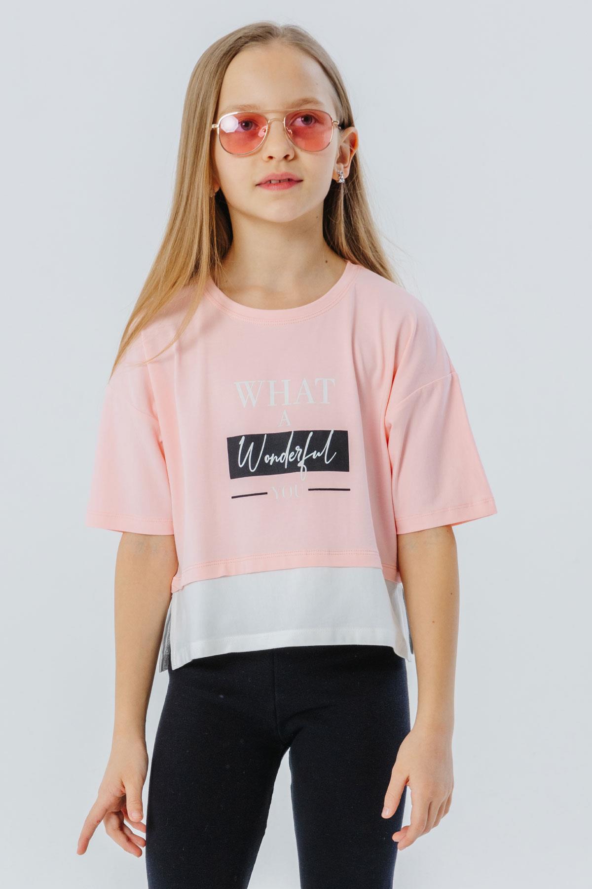 Breeze Kız Çocuk Crop Tişört Yanları Yırtmaçlı Yazı Baskılı Pembe (9-14 Yaş)