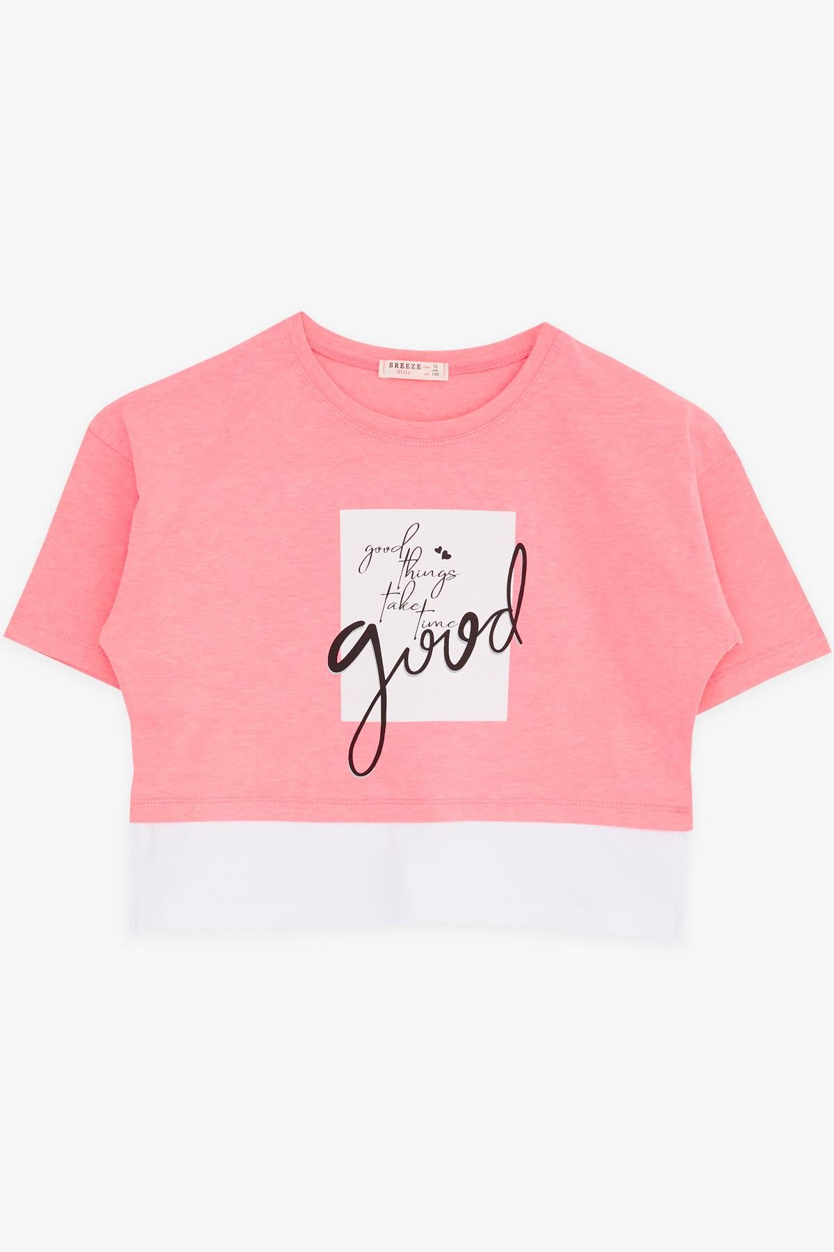 Breeze Kız Çocuk Crop Tişört Yazı Baskılı Yanları Yırtmaçlı Neon Pembe (9-14 Yaş)
