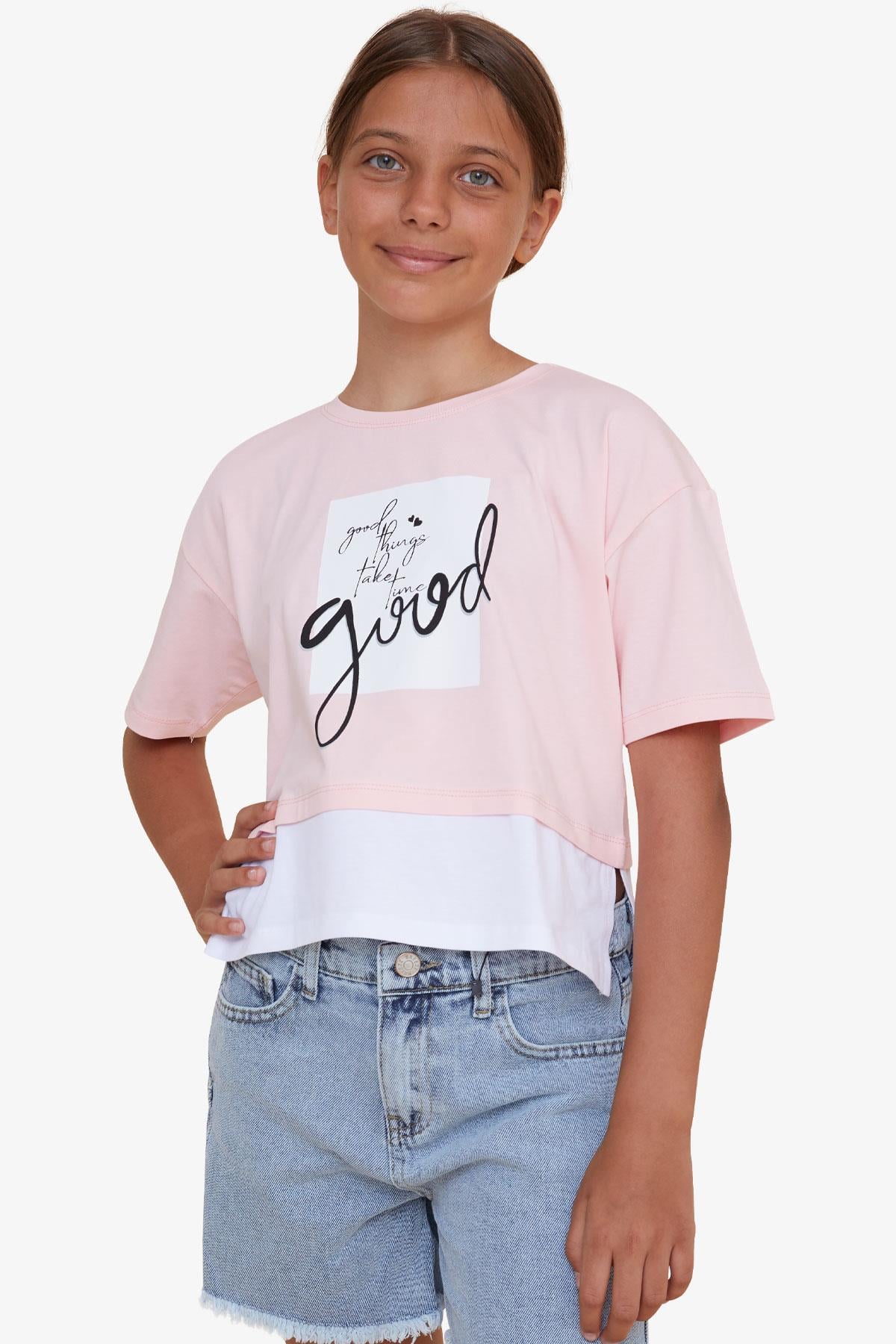 Breeze Kız Çocuk Crop Tişört Yazı Baskılı Yanları Yırtmaçlı Pembe (9-14 Yaş)