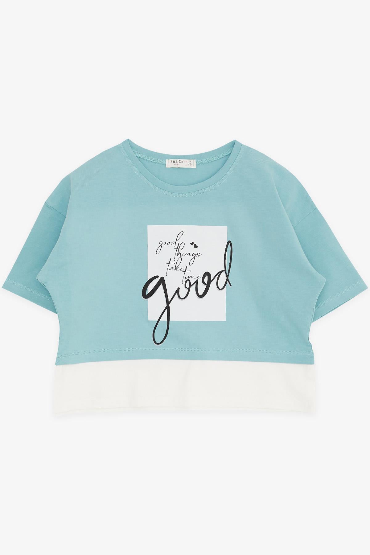 Breeze Kız Çocuk Crop Tişört Yazı Baskılı Yanları Yırtmaçlı Mint Yeşili (9-14 Yaş)