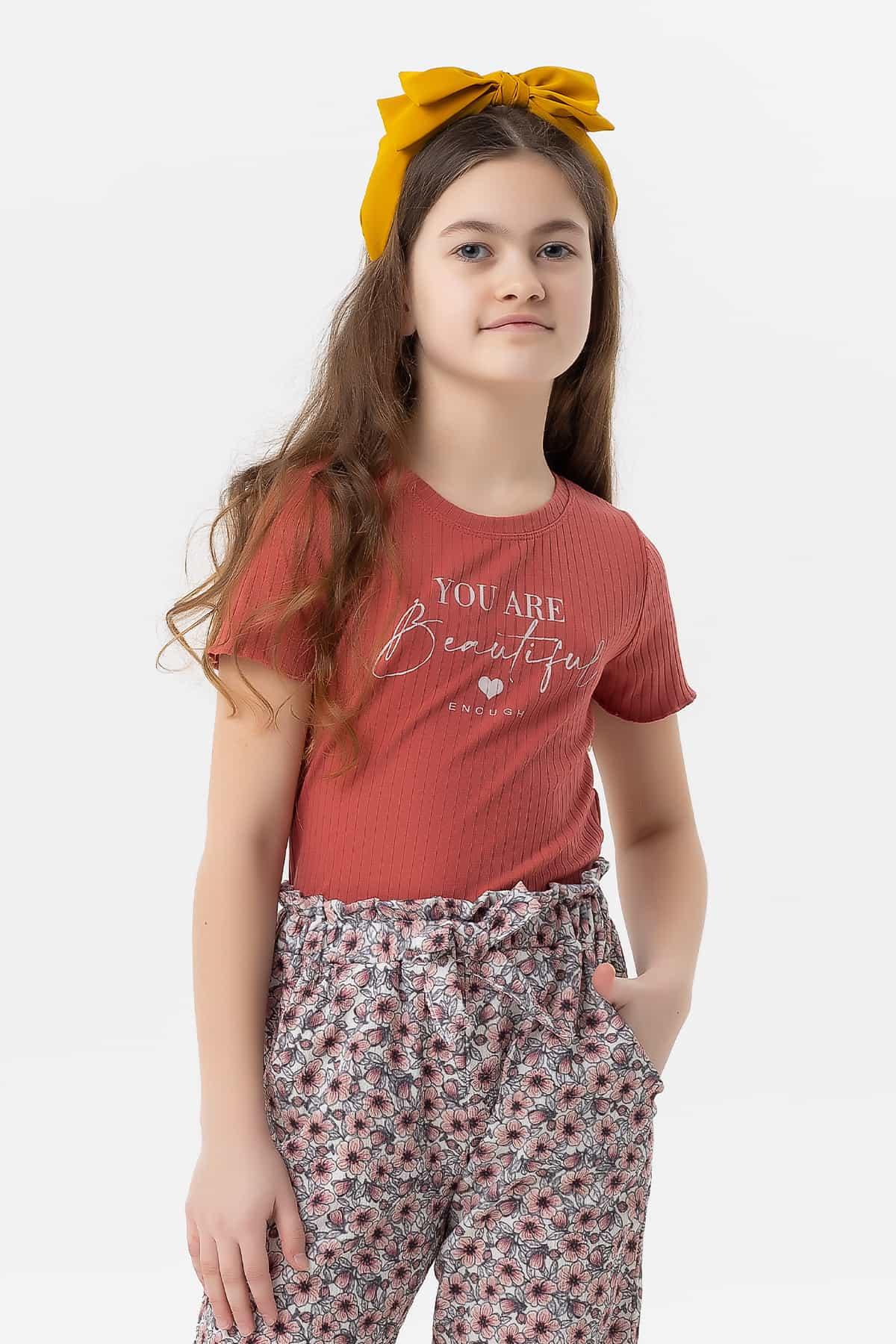 Breeze Kız Çocuk Crop Tişört Yazı Baskılı Kiremit (8-14 Yaş)