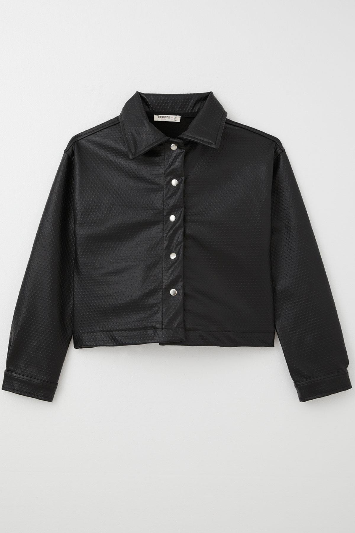 Breeze Kız Çocuk Deri Ceket Kabartma Desenli Çıtçıtlı Siyah (9-14 Yaş)