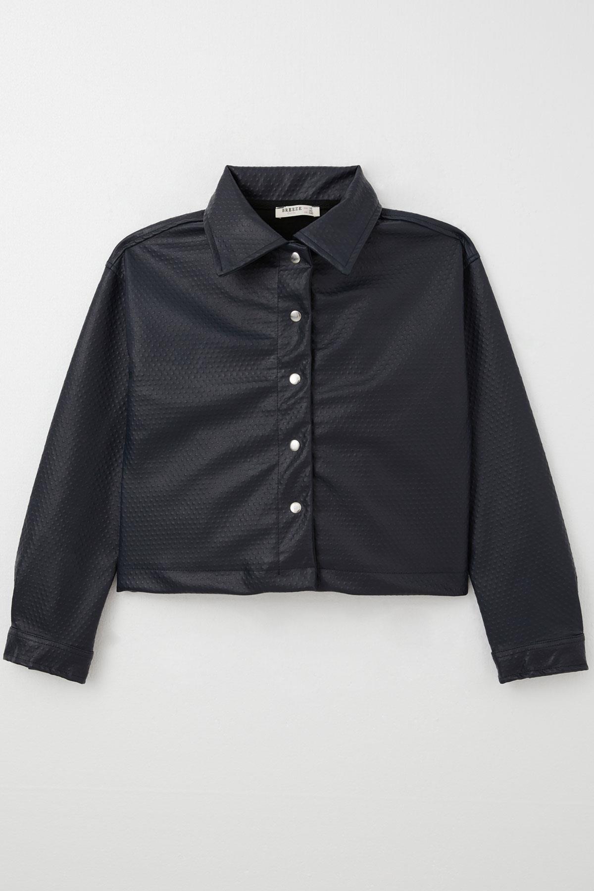 Breeze Kız Çocuk Deri Ceket Kabartma Desenli Çıtçıtlı Lacivert (9-14 Yaş)