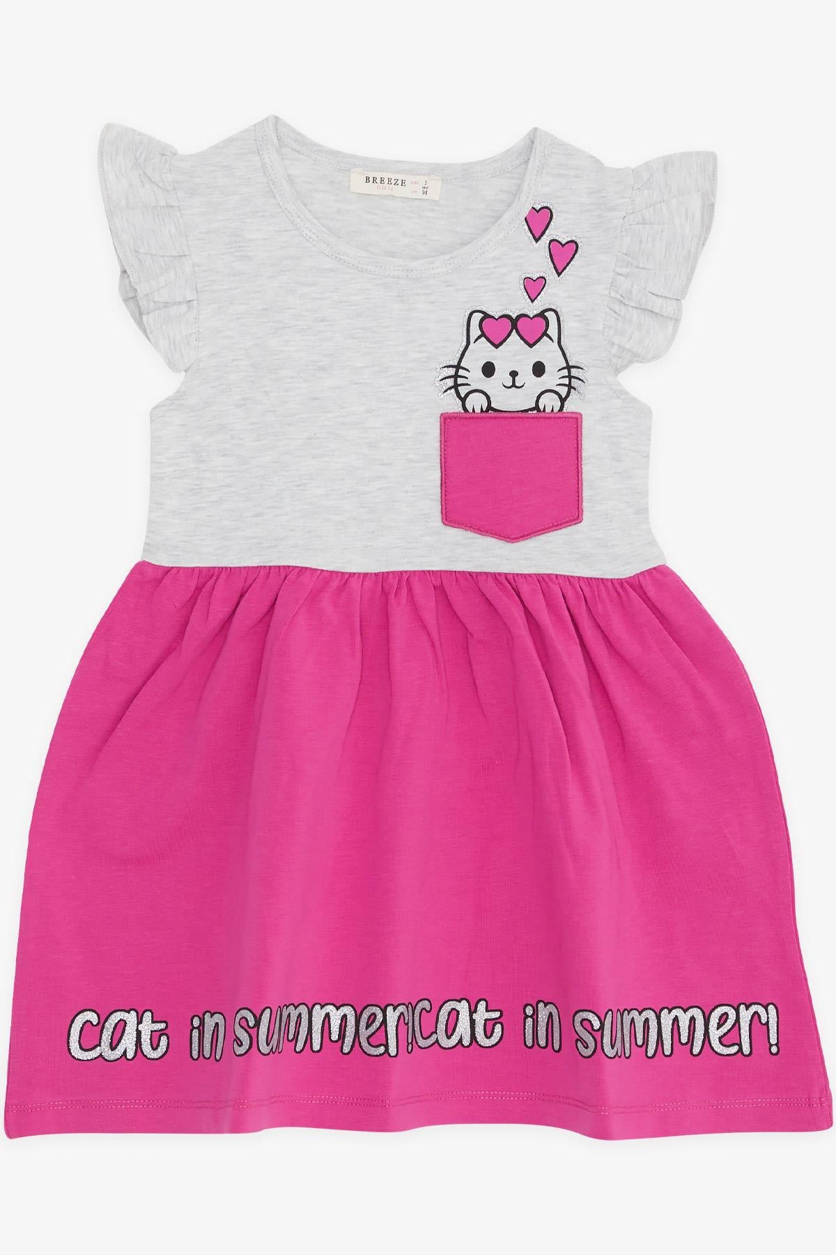 Breeze Kız Çocuk Elbise Cepli Simli Kedicik Baskılı Açık Gri Melanj (1.5-5 Yaş)