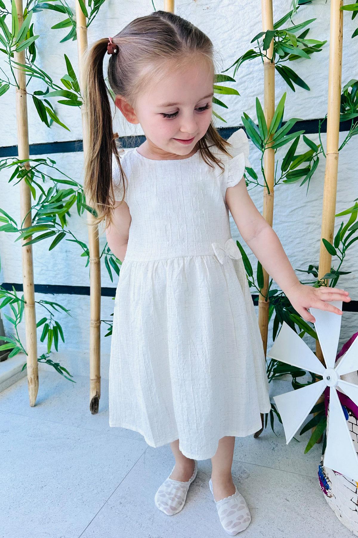 Breeze Kız Çocuk Elbise Fiyonklu Kolları Fırfırlı Ekru (3-7 Yaş)