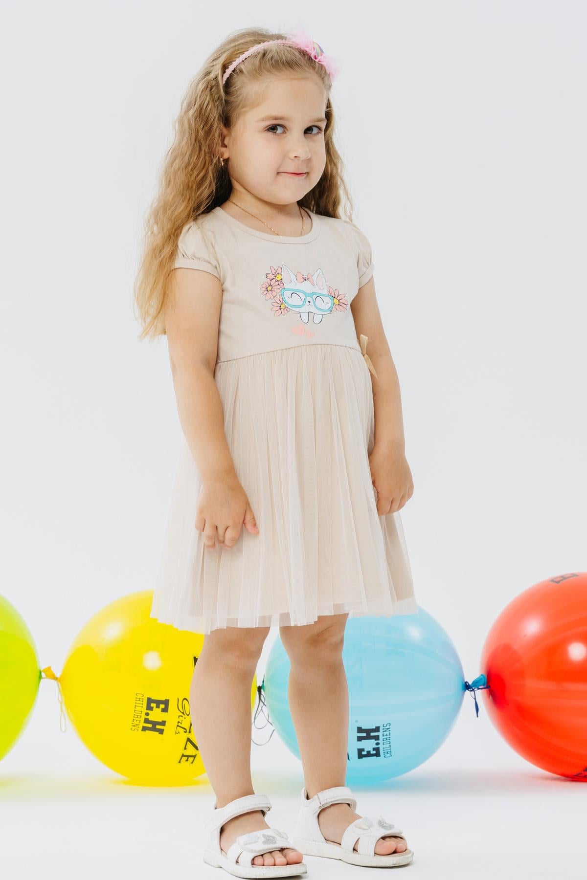 Breeze Kız Çocuk Elbise Gözlüklü Sevimli Kedicik Baskılı Bej (3 Yaş)