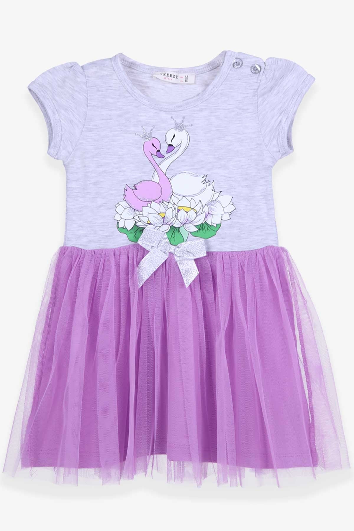 Breeze Kız Çocuk Elbise Kuğu Baskılı Gri Melanj (1.5-5 Yaş)