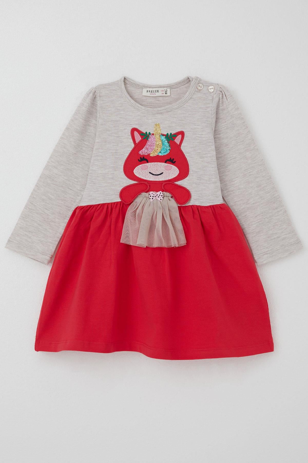 Breeze Kız Çocuk Elbise Pullu Nakışlı Kedicik Bej Melanj (1-4 Yaş)