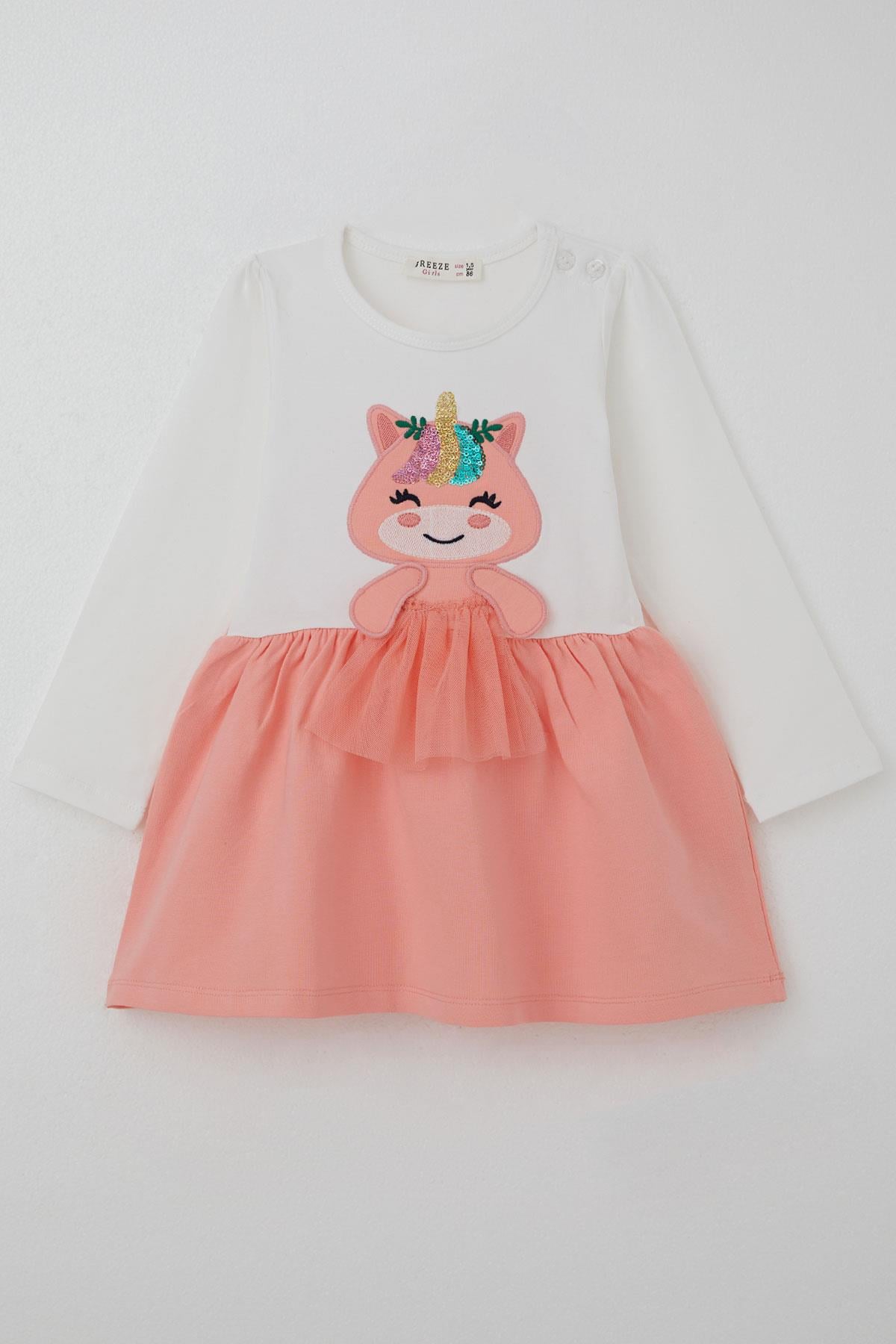 Breeze Kız Çocuk Elbise Pullu Nakışlı Kedicik Ekru (1-1.5 Yaş)