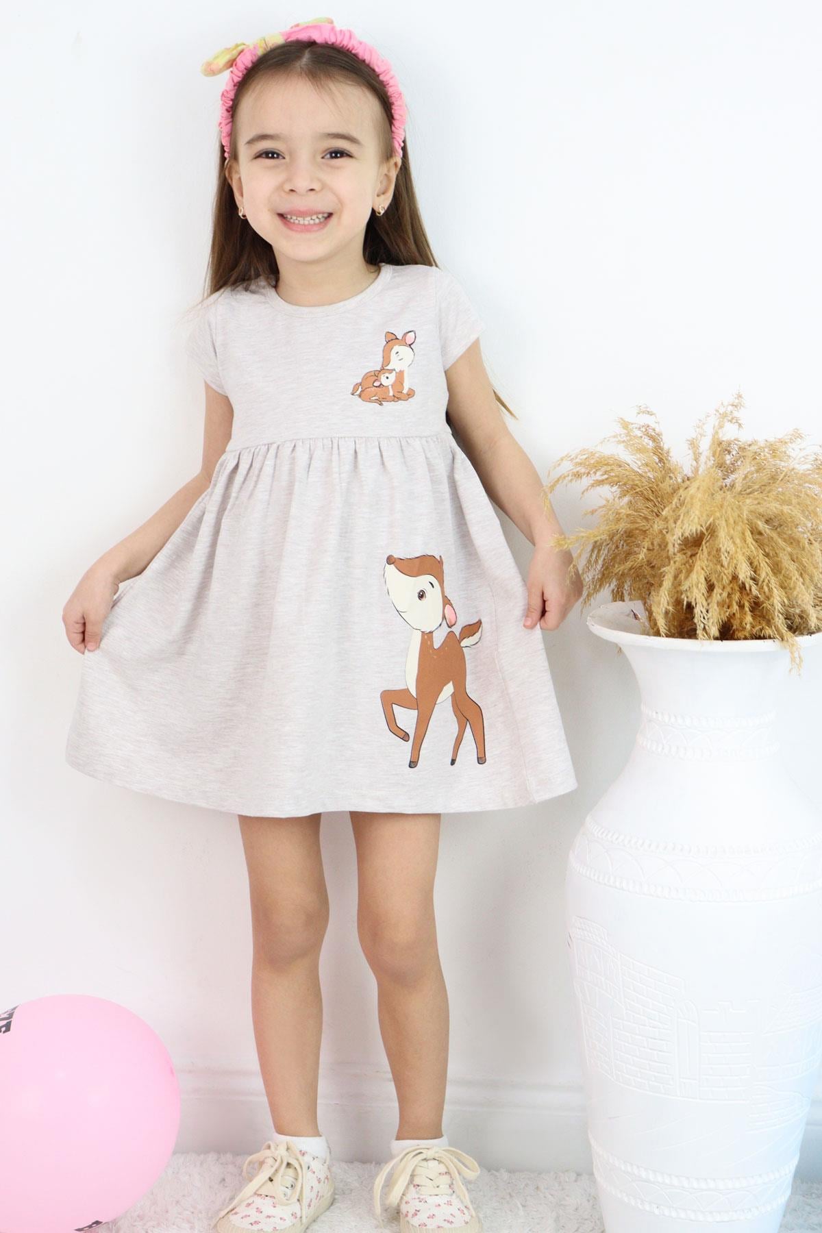 Breeze Kız Çocuk Elbise Sevimli Ceylan Baskılı Bej Melanj (1.5-5 Yaş)