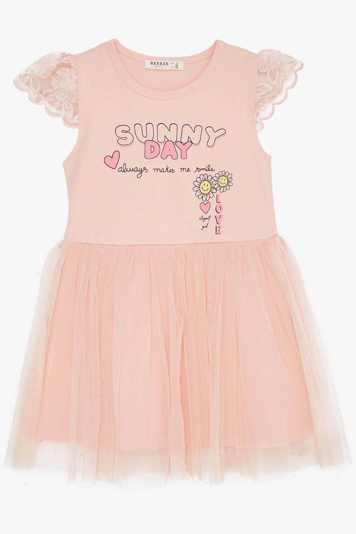 Breeze Kız Çocuk Elbise Yaz Temalı Yazı Baskılı Somon (2-6 Yaş)